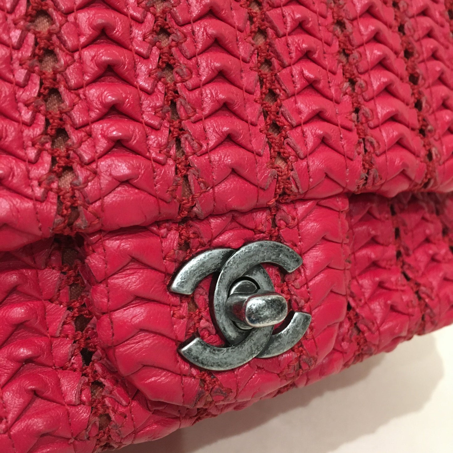 Chanel Red Woven Braided Leather Square Single Flap Crossbody Bag Sku# 75888