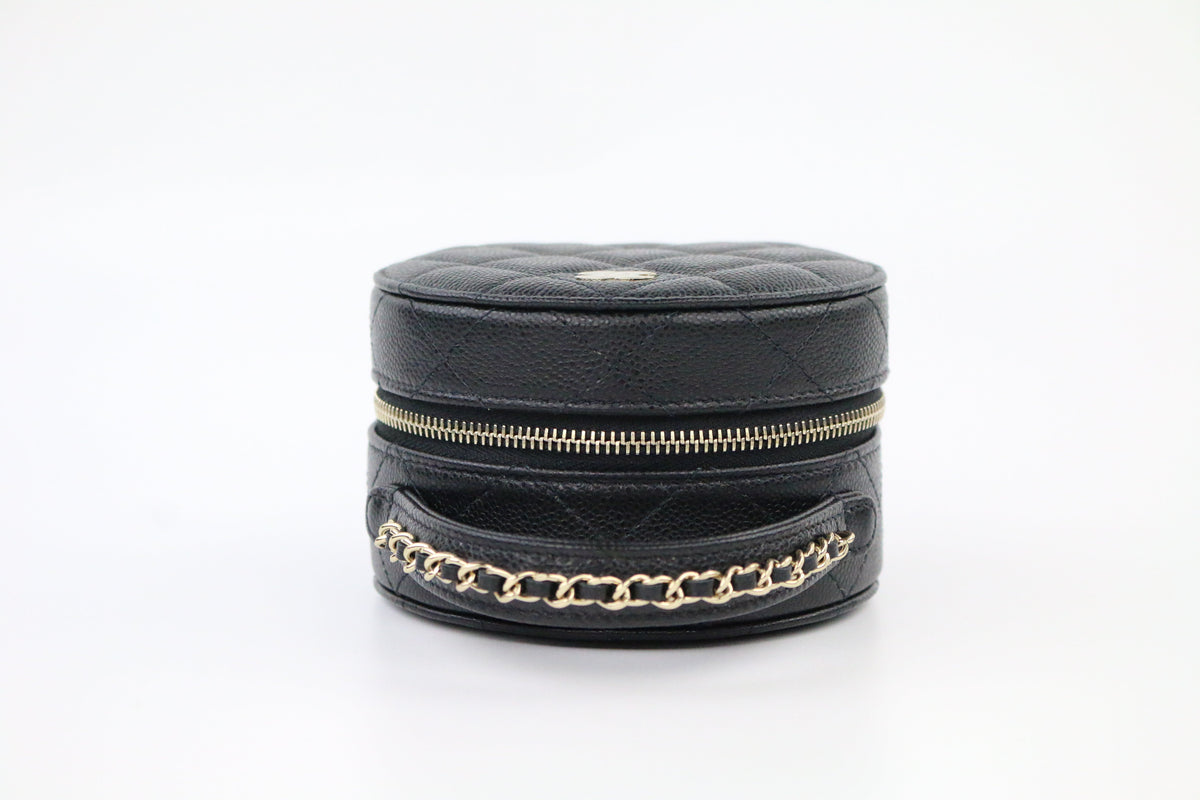 Black Caviar Quilted Round Top Handle Jewelry Case
