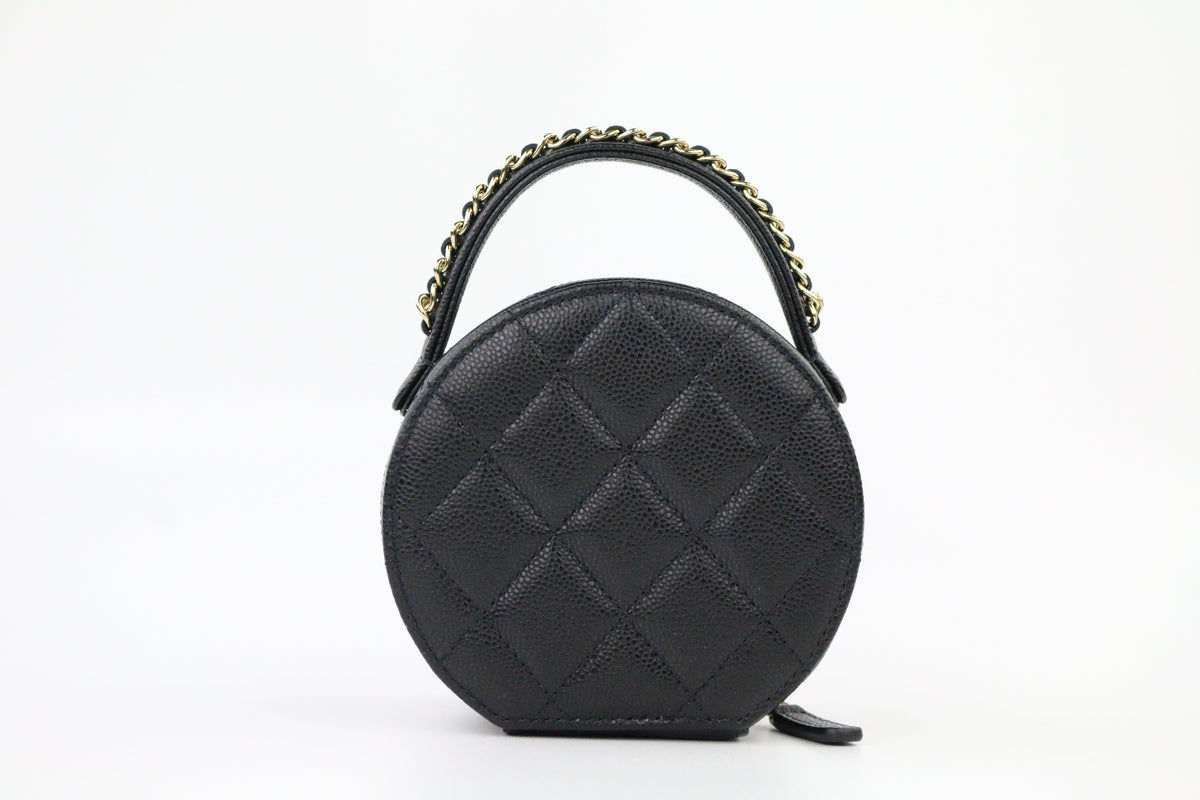 Black Caviar Quilted Round Top Handle Jewelry Case