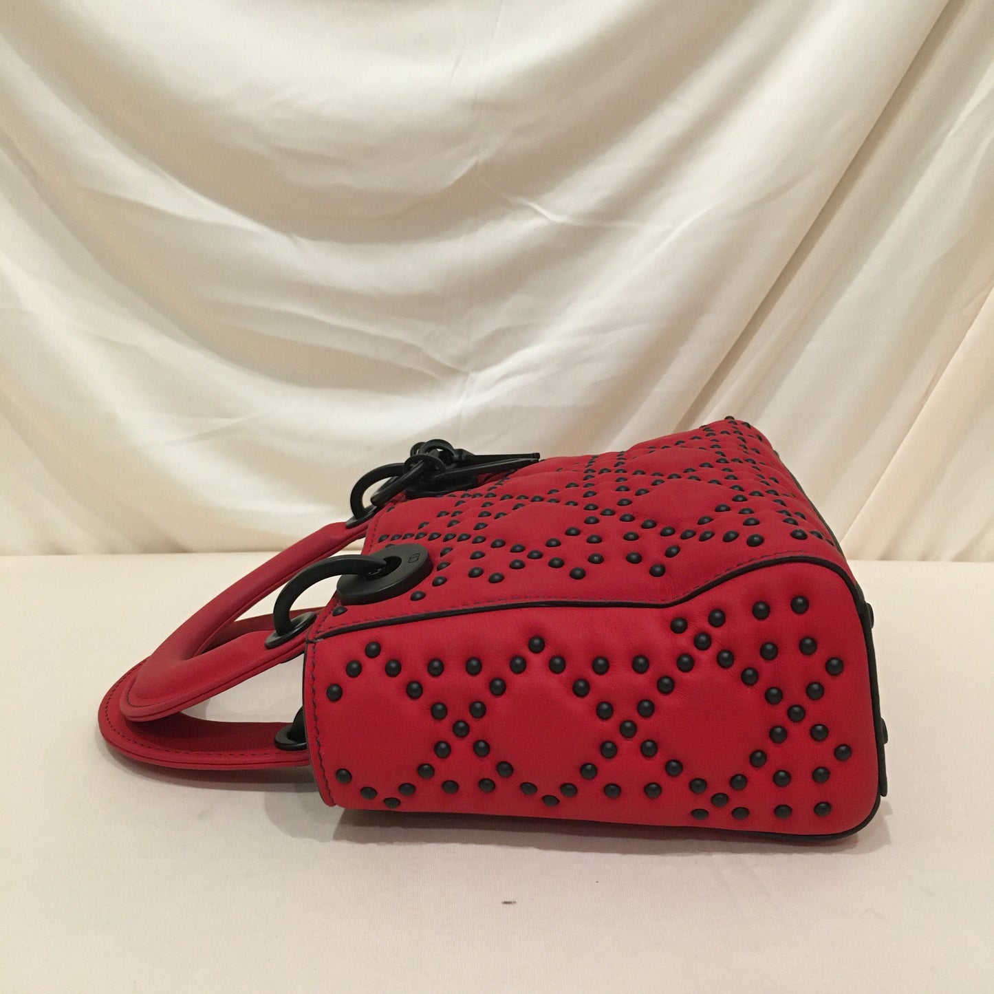 CHRISTIAN DIOR Dior Red Leather Stud Mini Black Hardware Lady Dior Shoulder Bag Sku# 75889