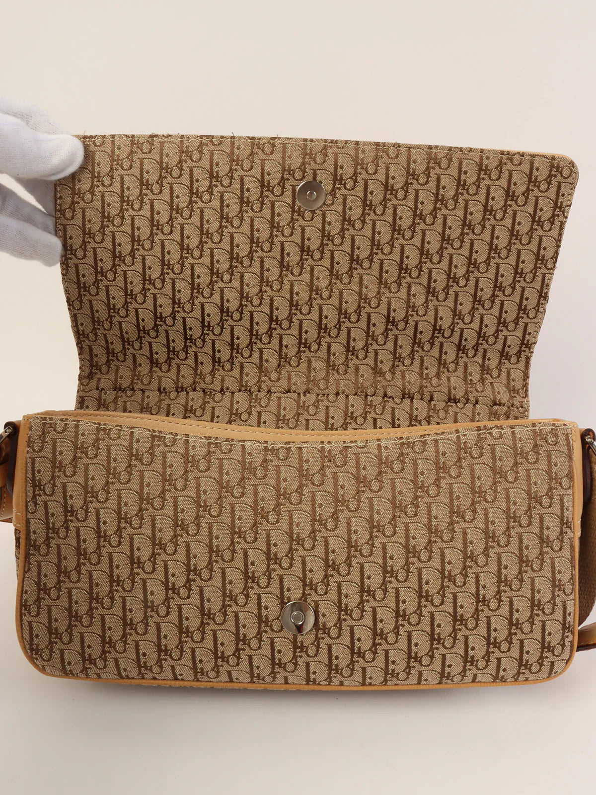 DIOR Canvas Leather Combination Trotter Pattern Shoulder Bag Beige