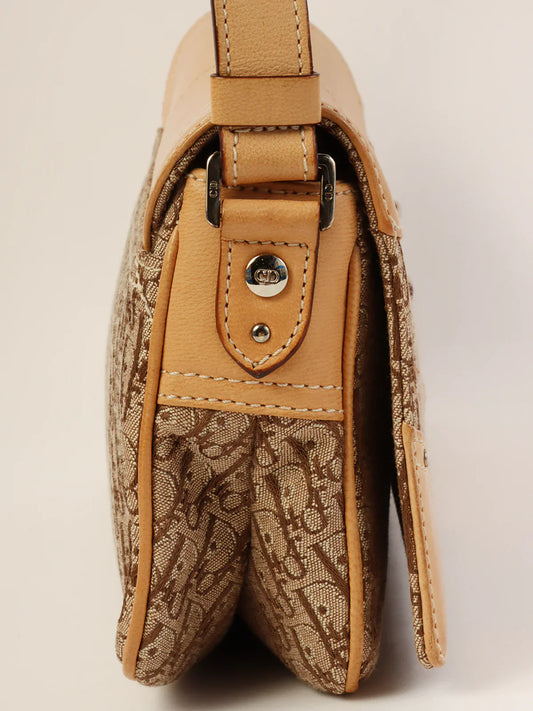 DIOR Canvas Leather Combination Trotter Pattern Shoulder Bag Beige