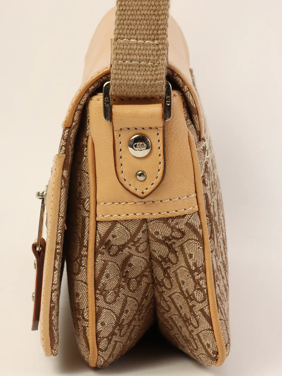 DIOR Canvas Leather Combination Trotter Pattern Shoulder Bag Beige