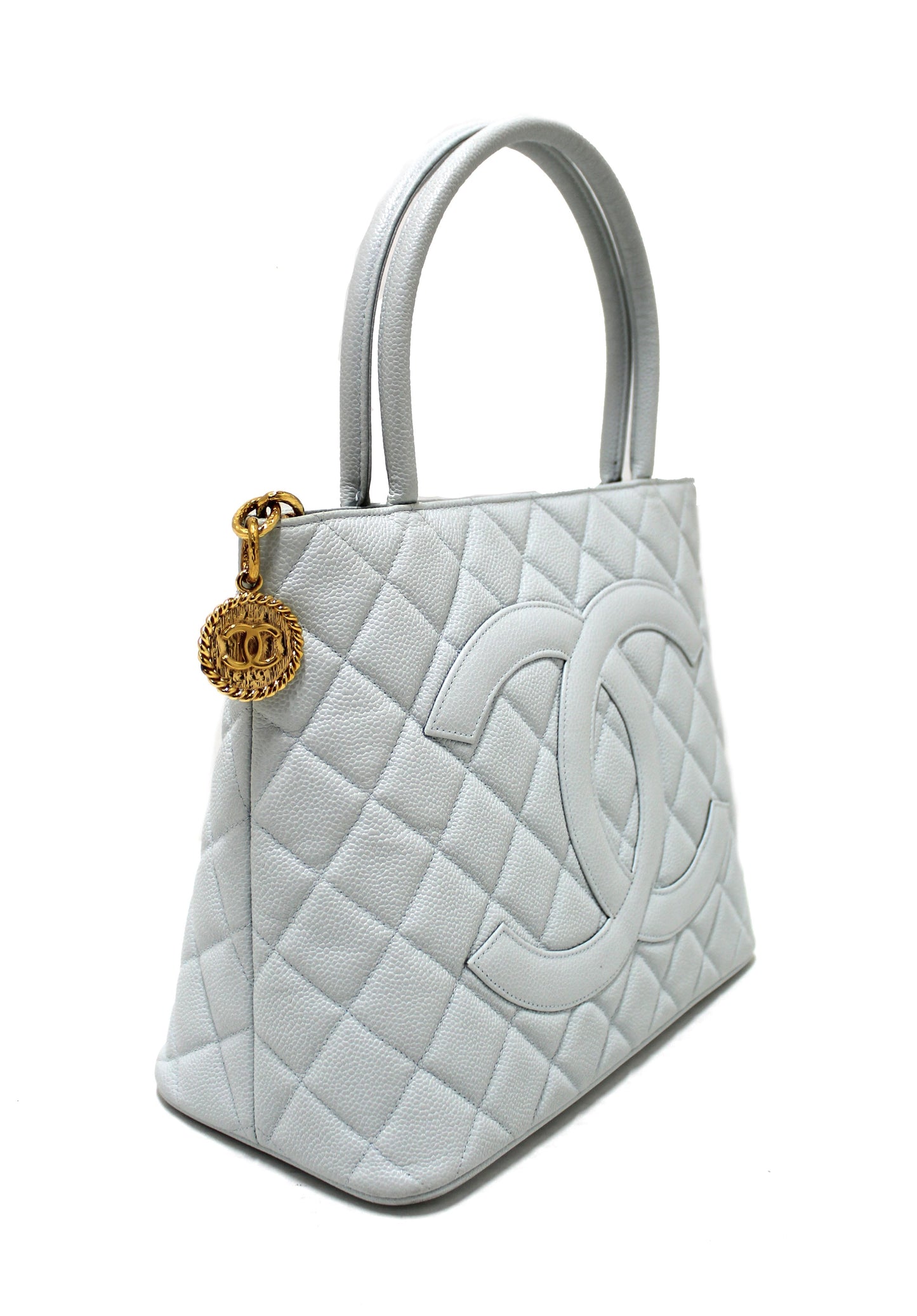 Chanel Light Blue Caviar Leather Medallion Shoulder Tote Bag