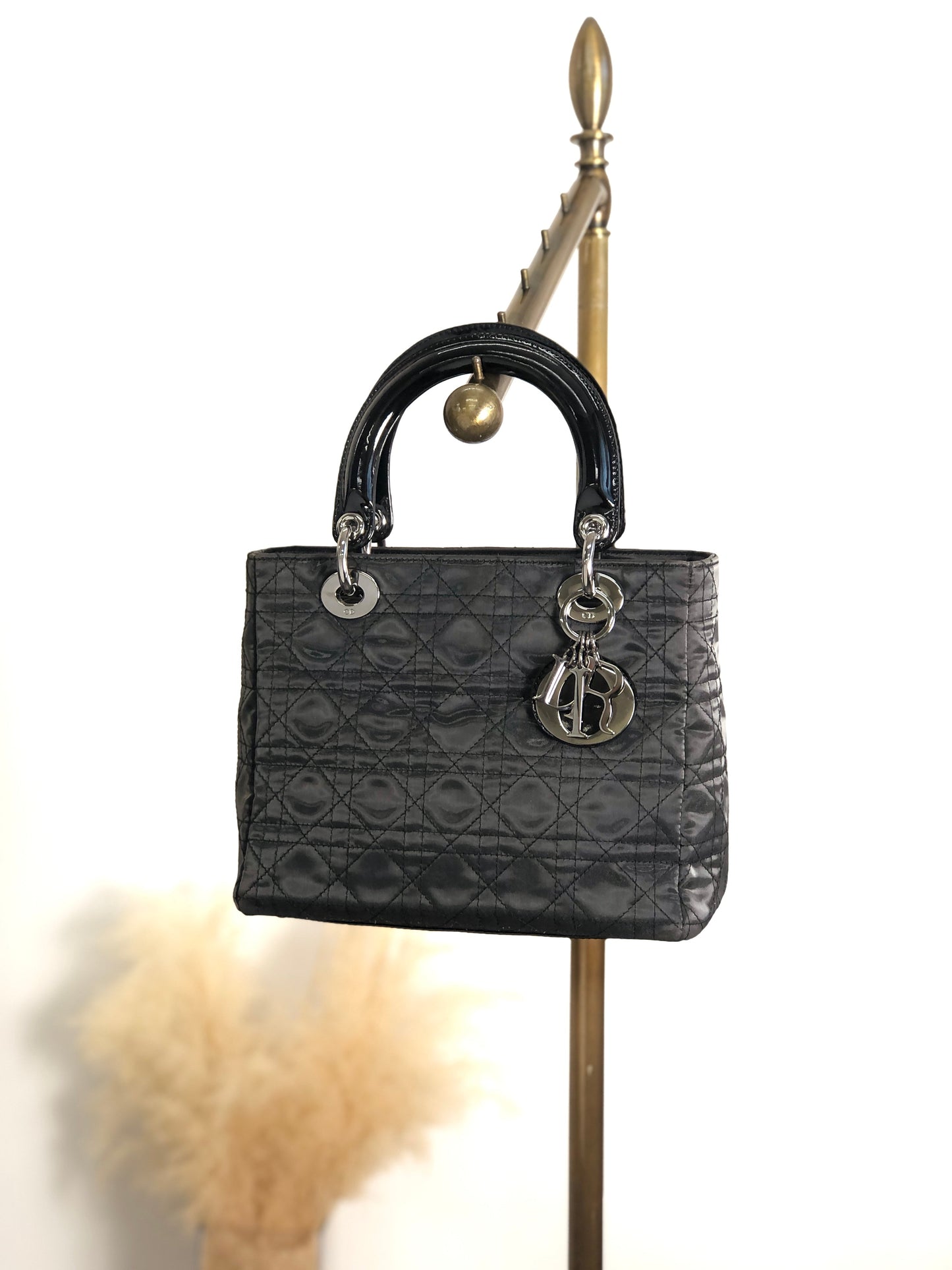 Christian Dior Cannage CD Logo Charm Two-way Handbag Shoulder bag Black Vintage 5cgj75