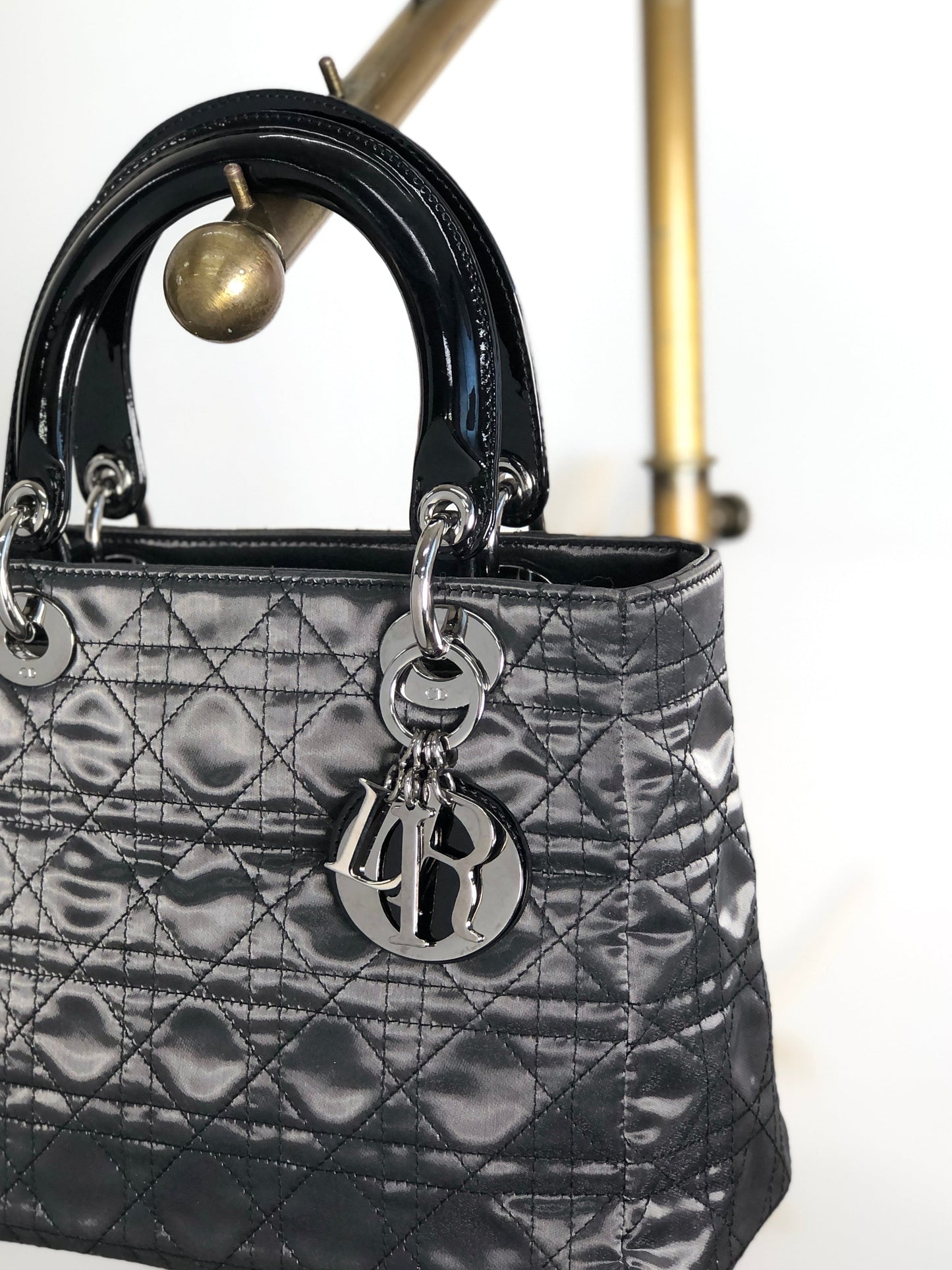 Christian Dior Cannage CD Logo Charm Two-way Handbag Shoulder bag Black Vintage 5cgj75