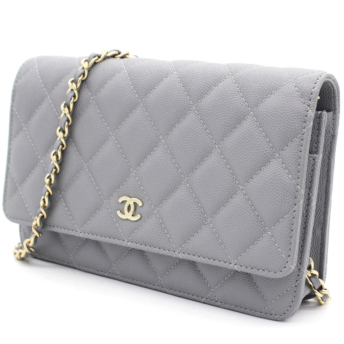 Chanel Quilted Leather WOC Chain Clutch Bag Grey Caviar