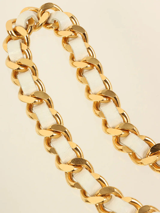 CHANEL 1995 Made Logo Plate Cc Mark Coin Charm Chain Belt Gold/White