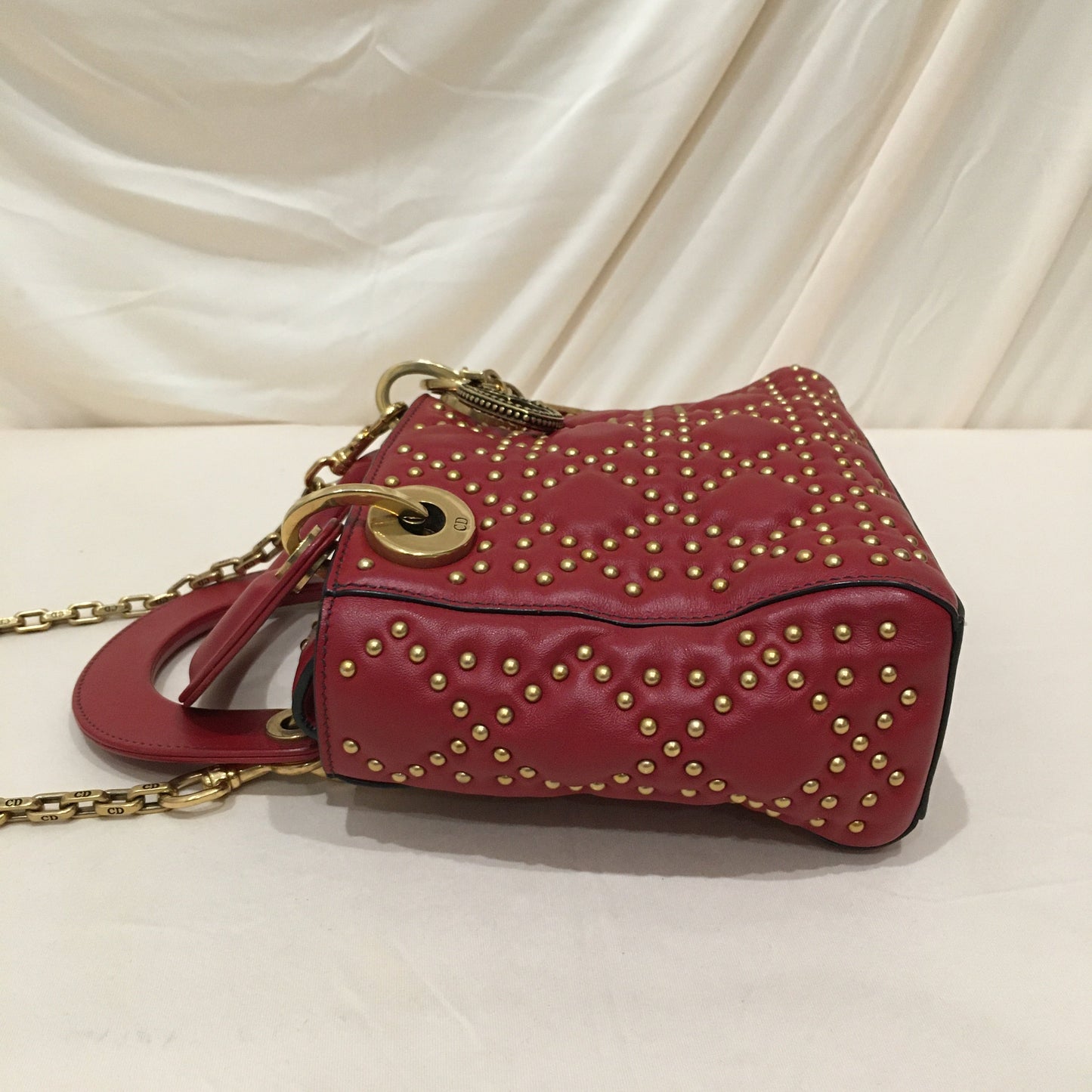 CHRISTIAN DIOR Dior Red Leather Stud Mini Lady Dior 2-ways Tote Bag Sku# 75921
