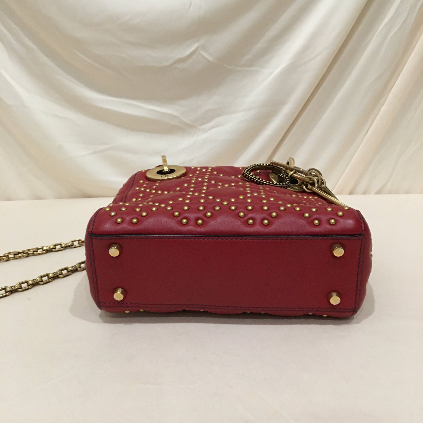 CHRISTIAN DIOR Dior Red Leather Stud Mini Lady Dior 2-ways Tote Bag Sku# 75921