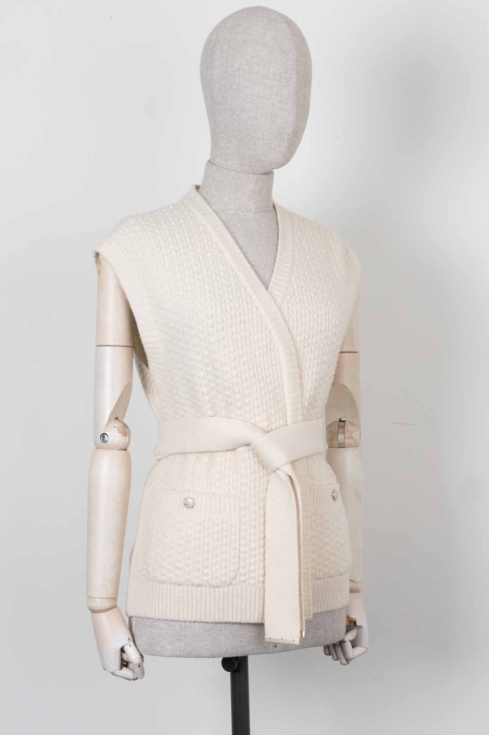 CHANEL Belted Knit Cardigan Ivory