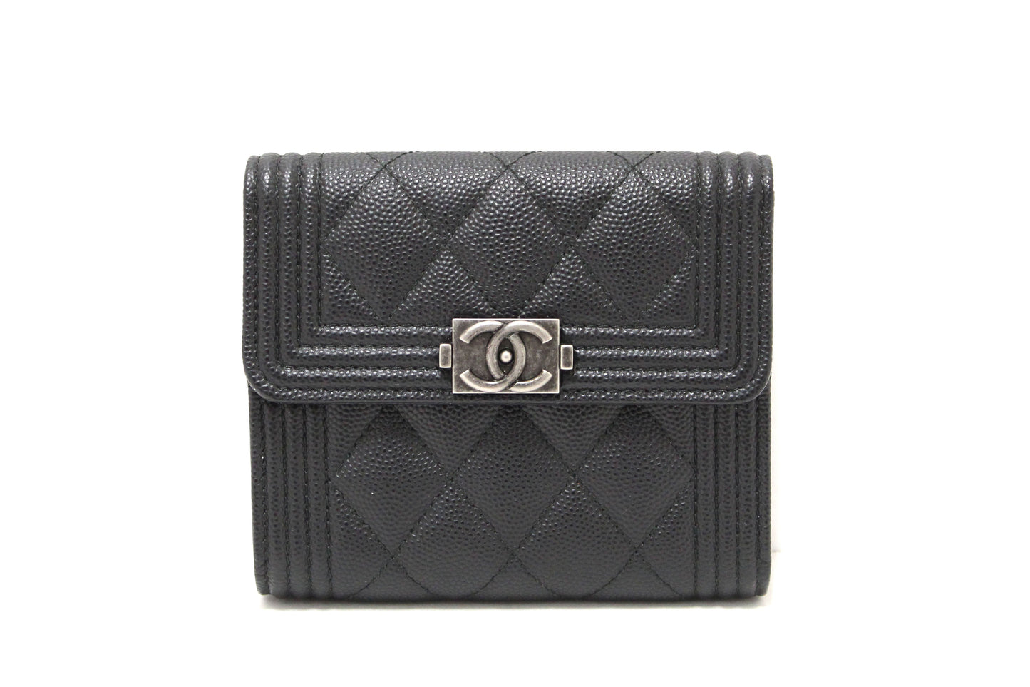 NEW  Chanel Black Quilted Caviar Leather Boy Small Trifold Wallet