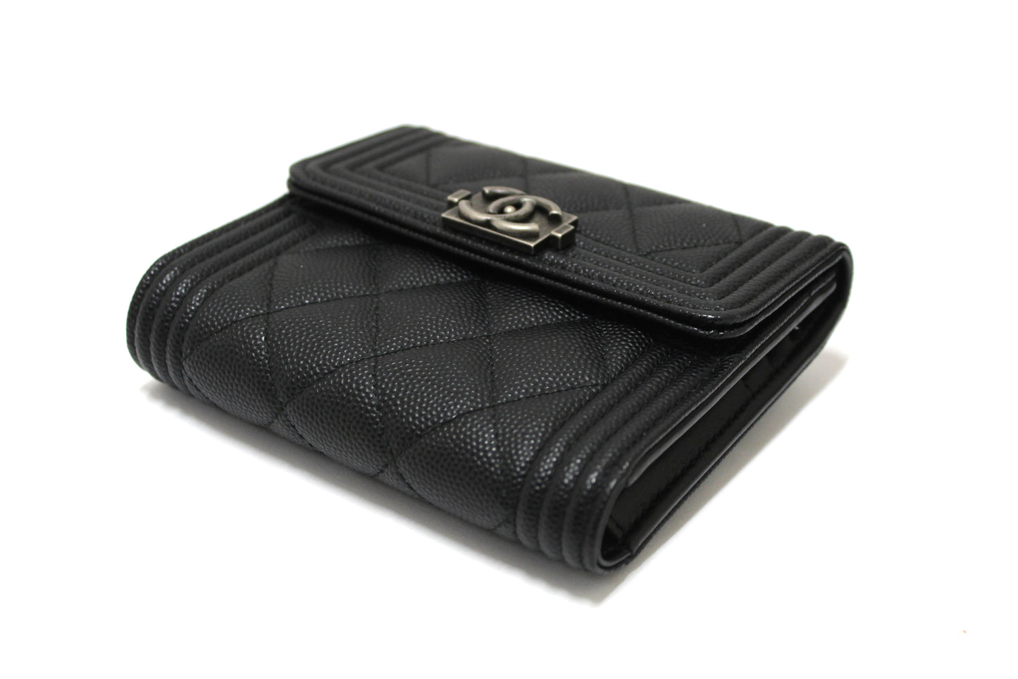 NEW  Chanel Black Quilted Caviar Leather Boy Small Trifold Wallet