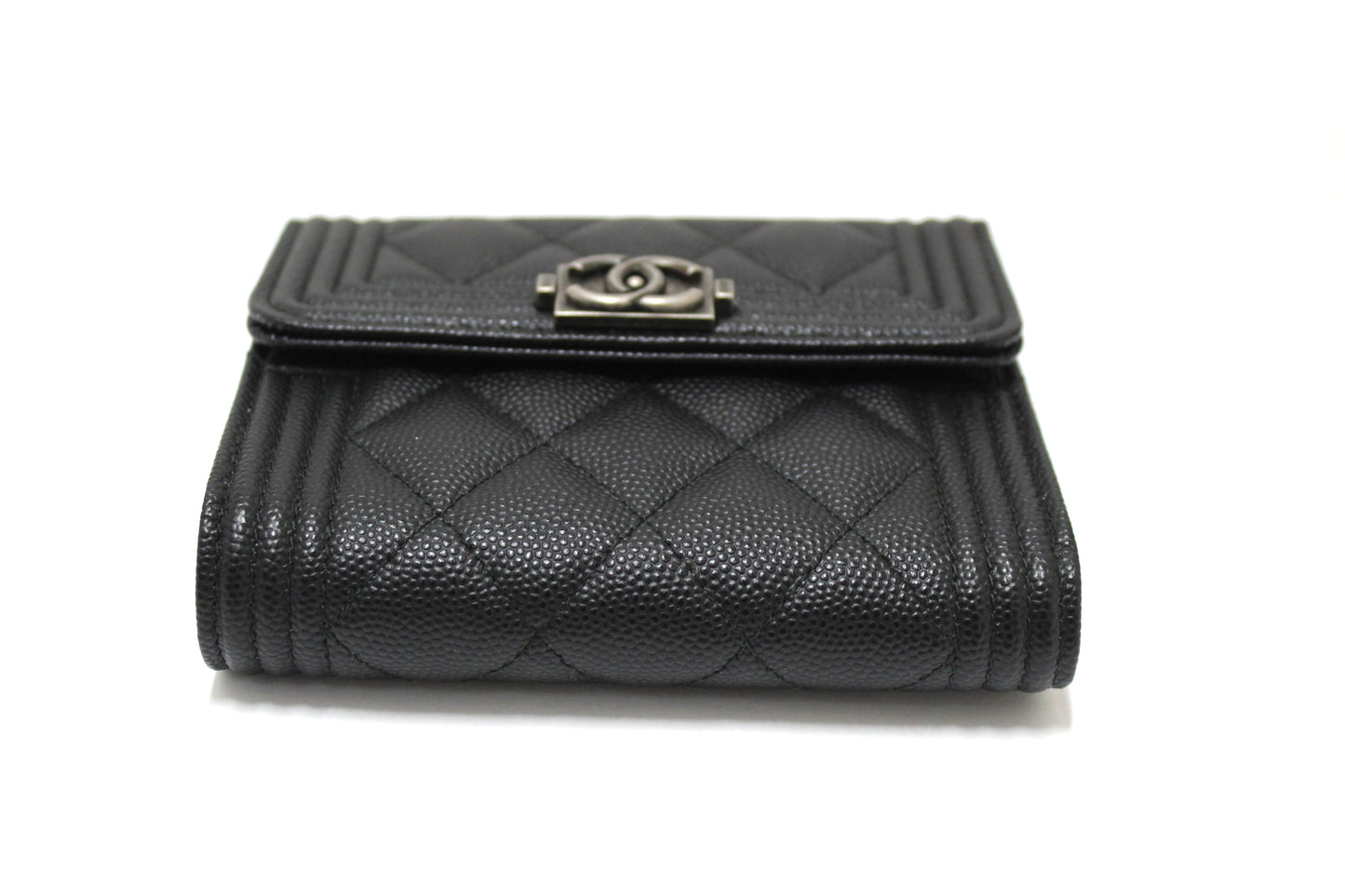 NEW  Chanel Black Quilted Caviar Leather Boy Small Trifold Wallet