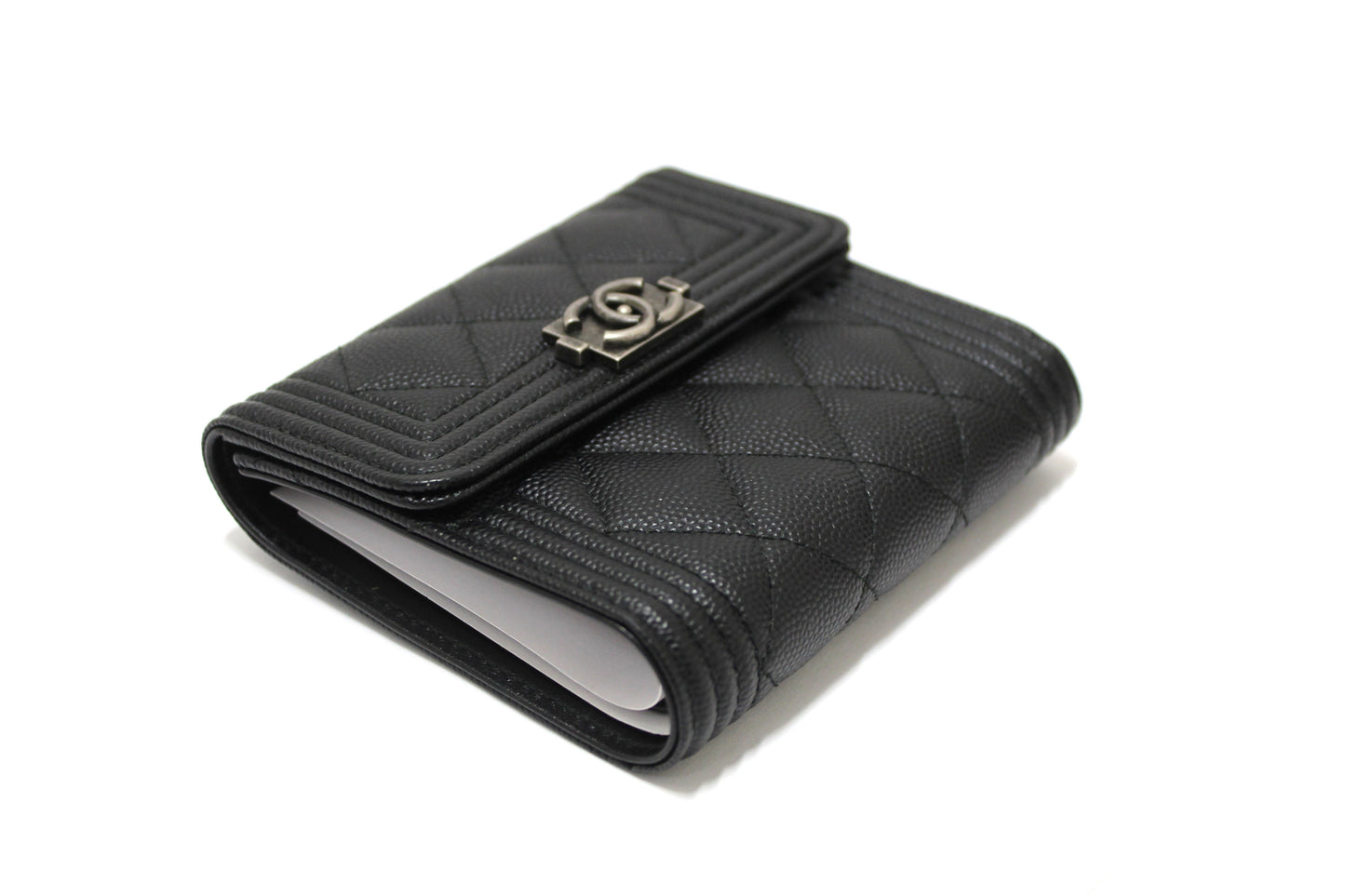NEW  Chanel Black Quilted Caviar Leather Boy Small Trifold Wallet