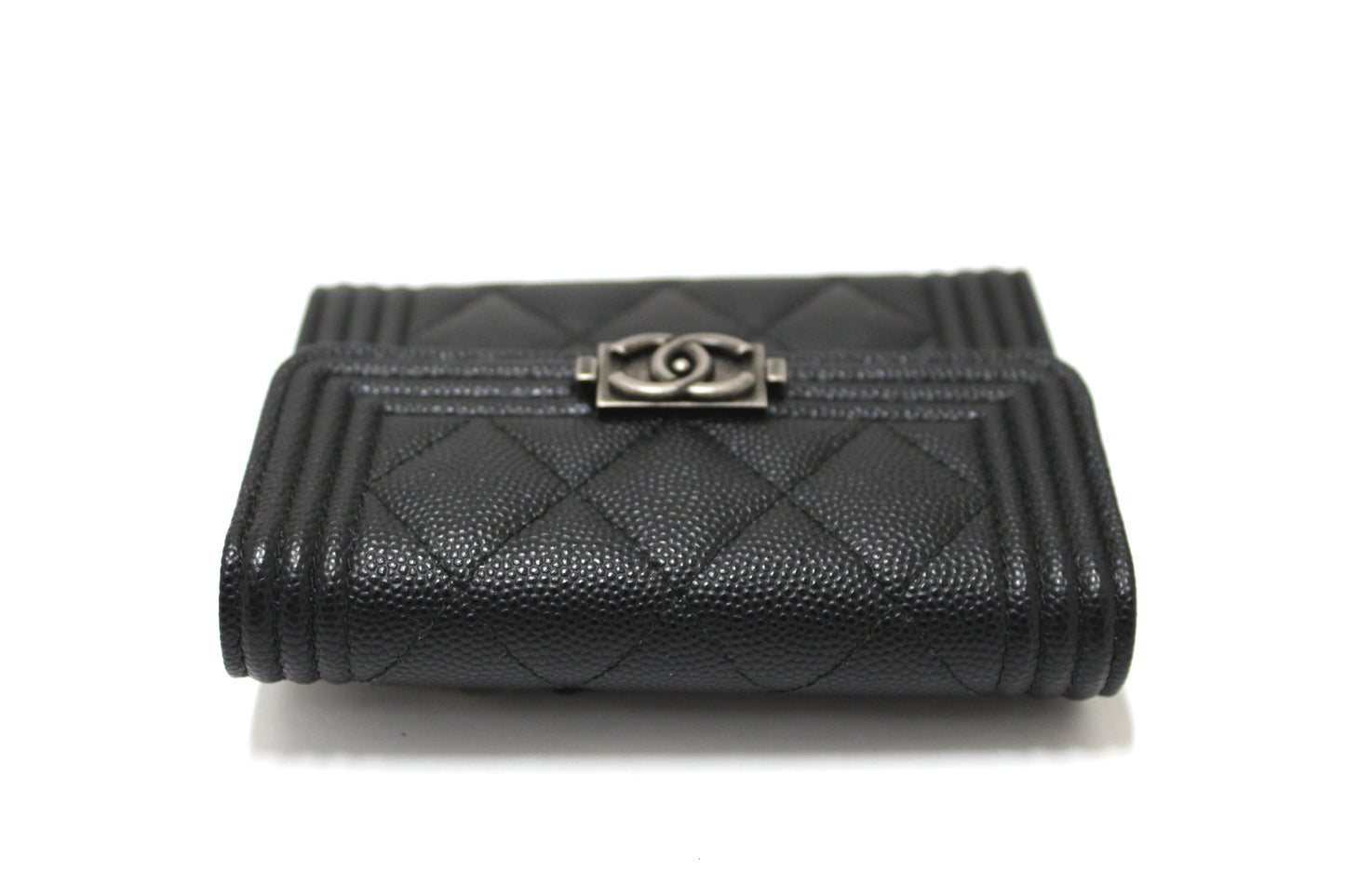 NEW  Chanel Black Quilted Caviar Leather Boy Small Trifold Wallet