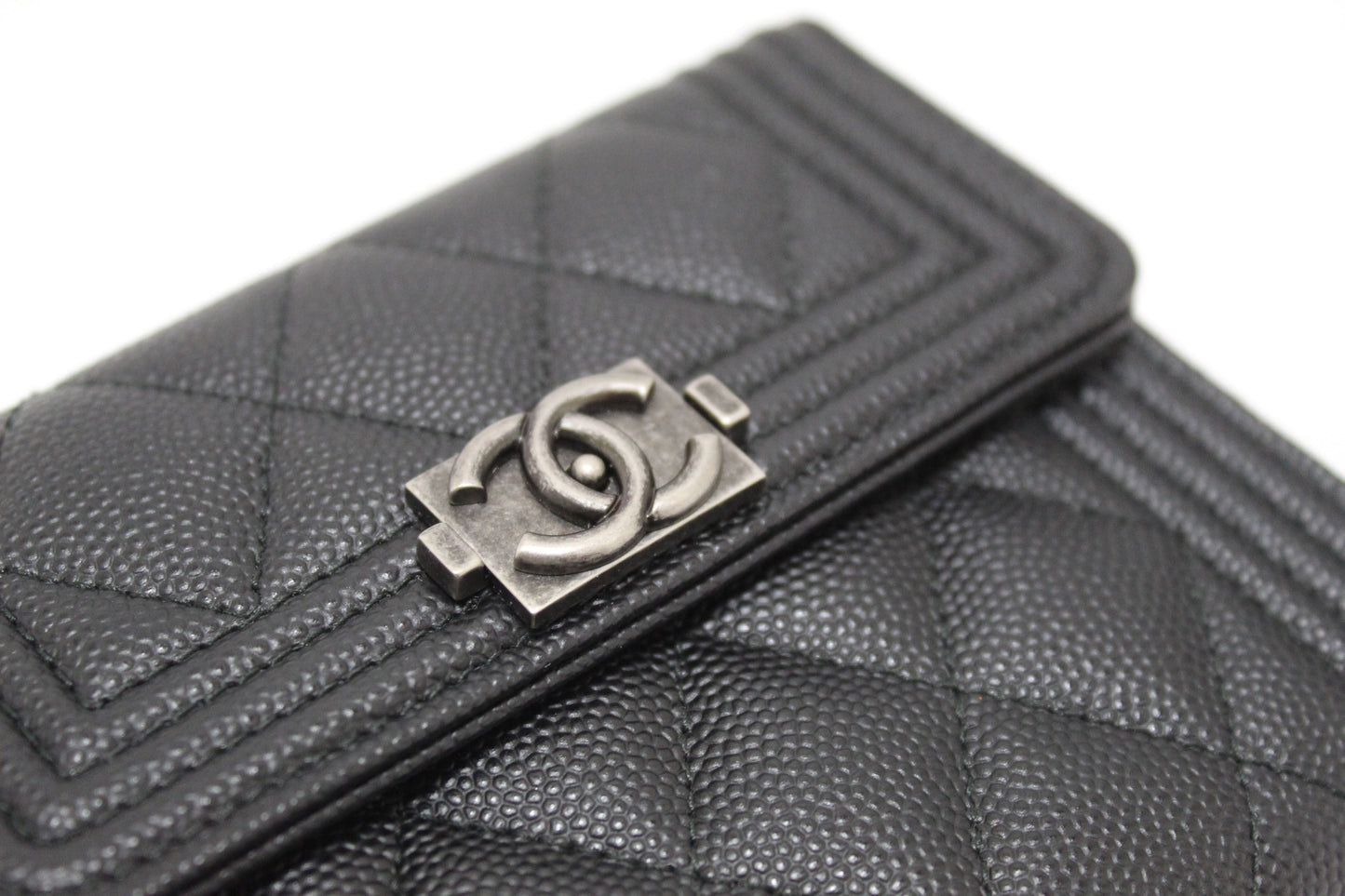 NEW  Chanel Black Quilted Caviar Leather Boy Small Trifold Wallet