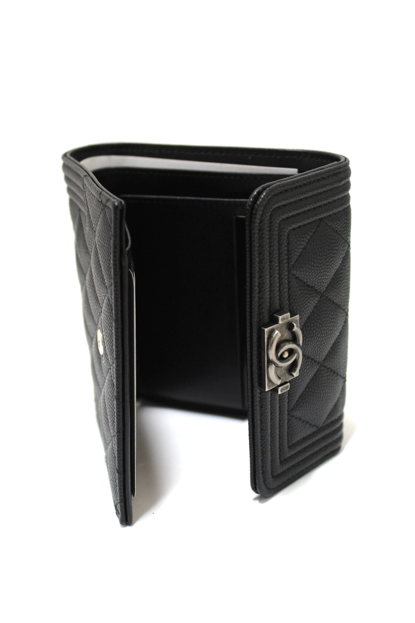 NEW  Chanel Black Quilted Caviar Leather Boy Small Trifold Wallet