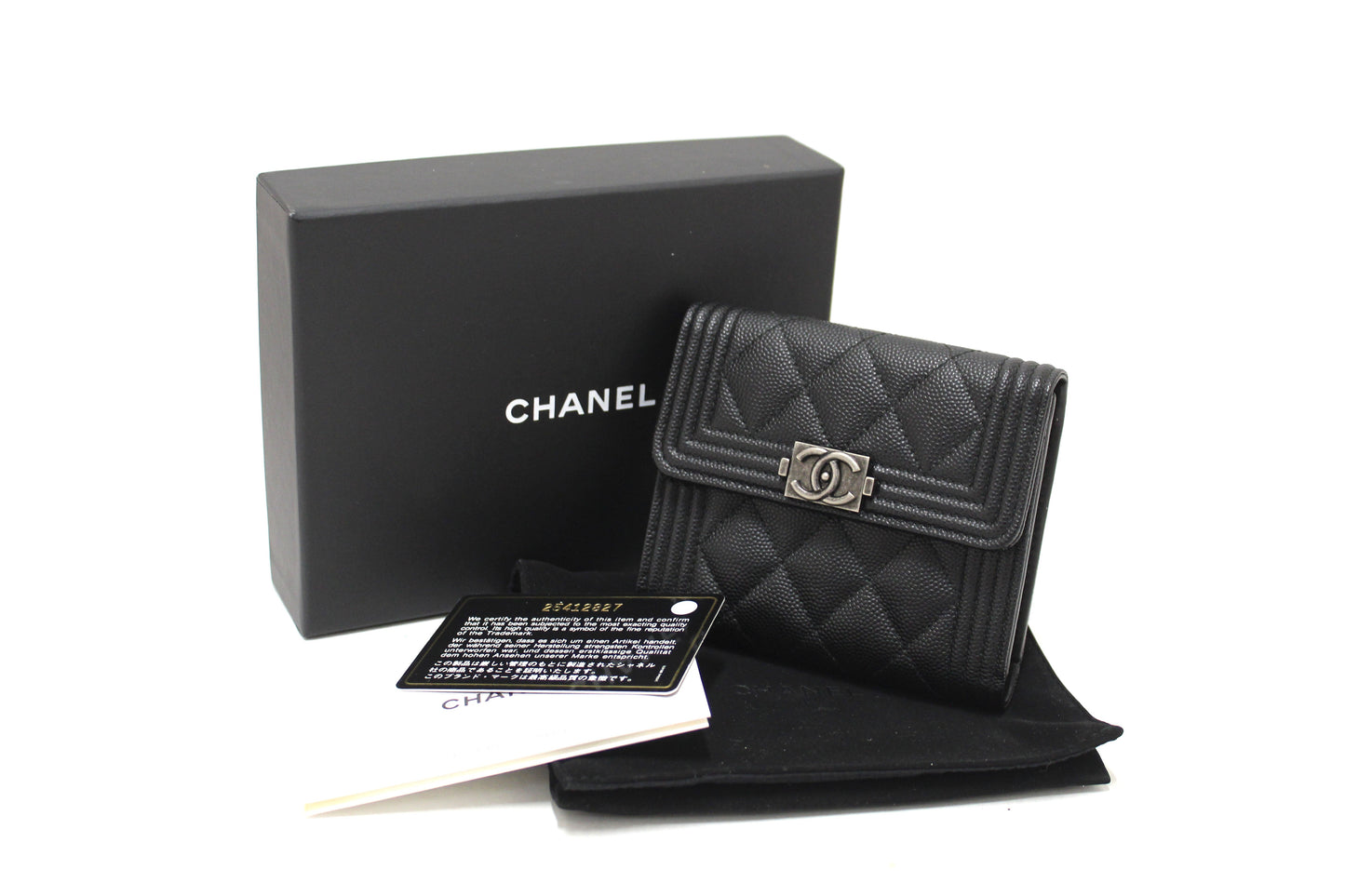 NEW  Chanel Black Quilted Caviar Leather Boy Small Trifold Wallet