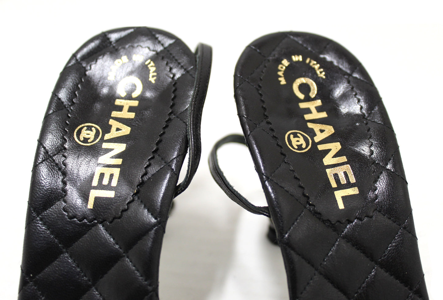 Chanel Black Leather Quilted Strap Chain Sandal Heel Shoes Size 38