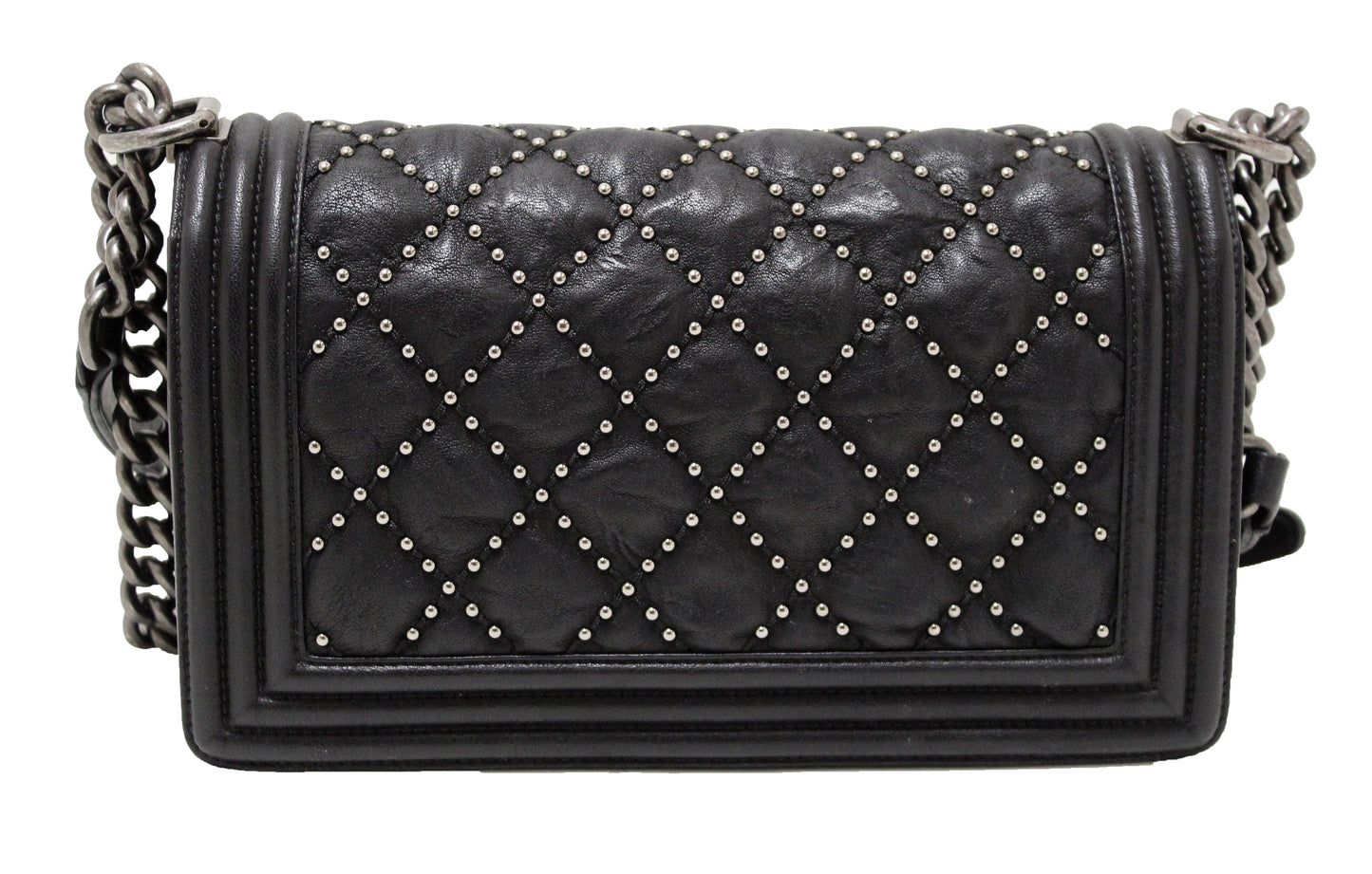Chanel Studded Black Quilted Distressed Calfskin Old Medium Boy Flap Shoulder Bag