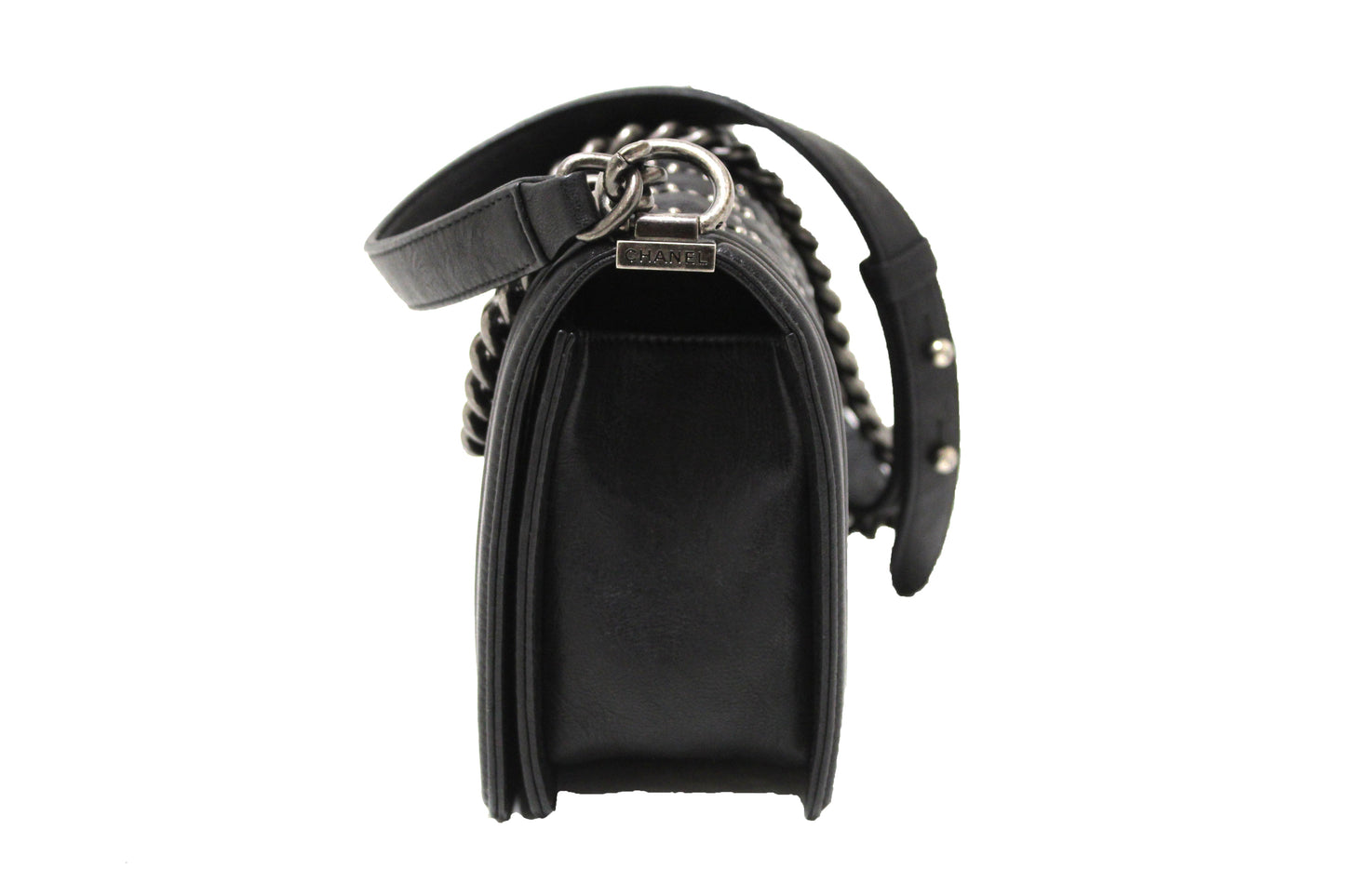 Chanel Studded Black Quilted Distressed Calfskin Old Medium Boy Flap Shoulder Bag