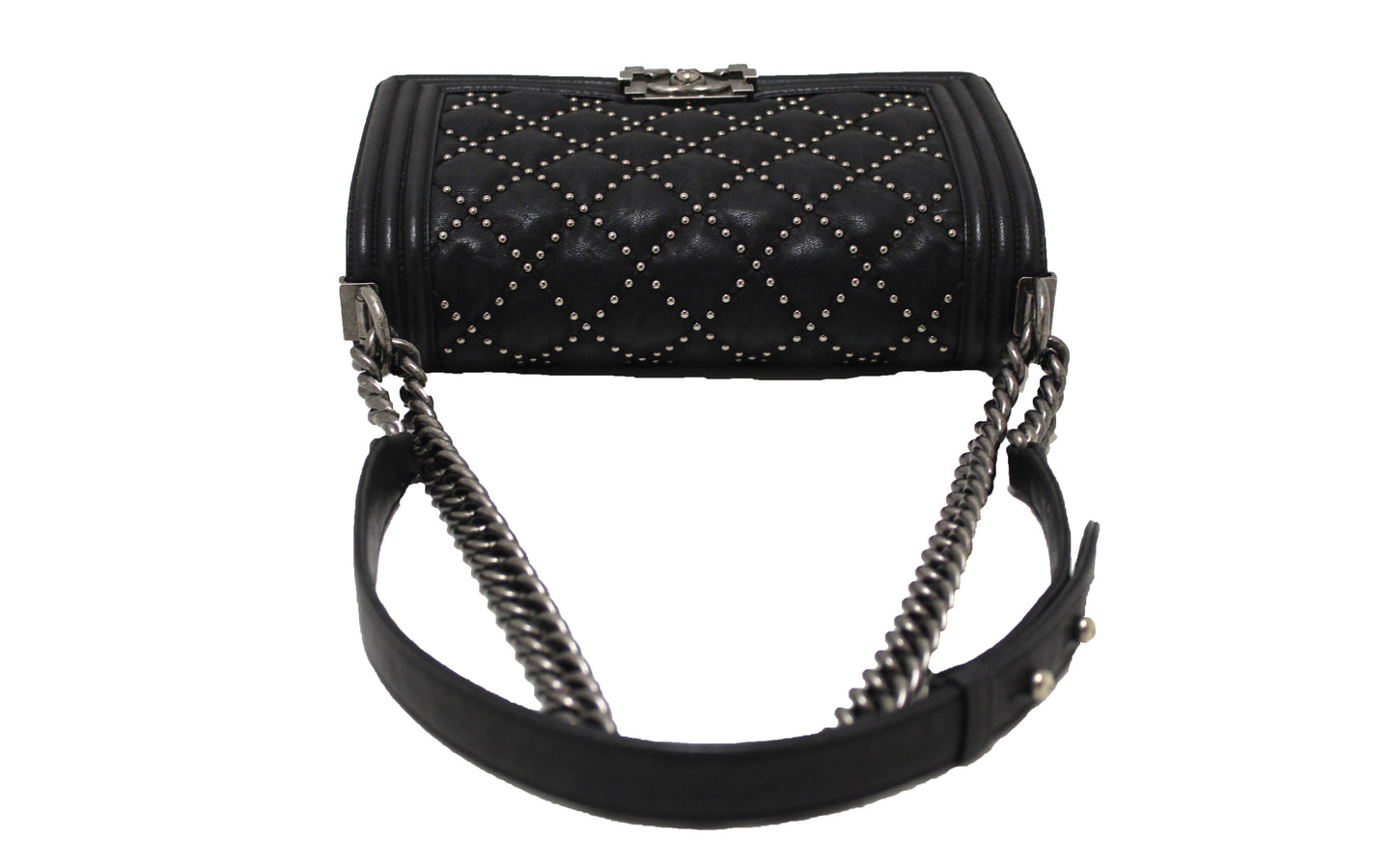 Chanel Studded Black Quilted Distressed Calfskin Old Medium Boy Flap Shoulder Bag