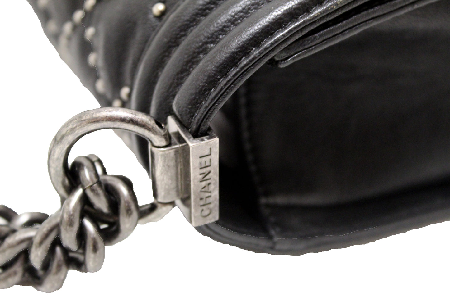 Chanel Studded Black Quilted Distressed Calfskin Old Medium Boy Flap Shoulder Bag