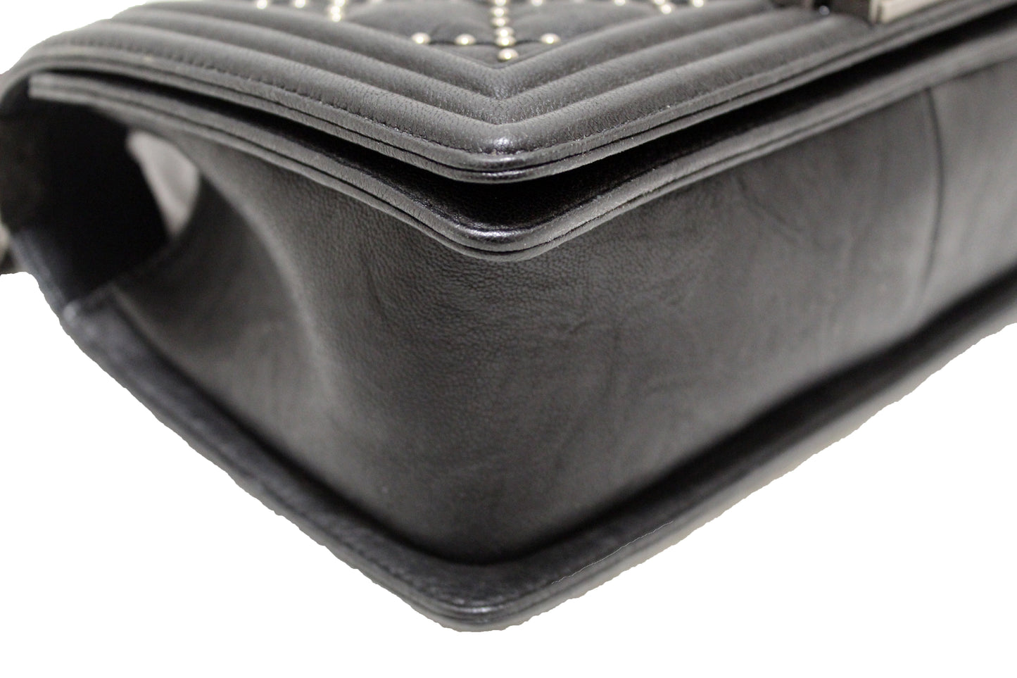 Chanel Studded Black Quilted Distressed Calfskin Old Medium Boy Flap Shoulder Bag