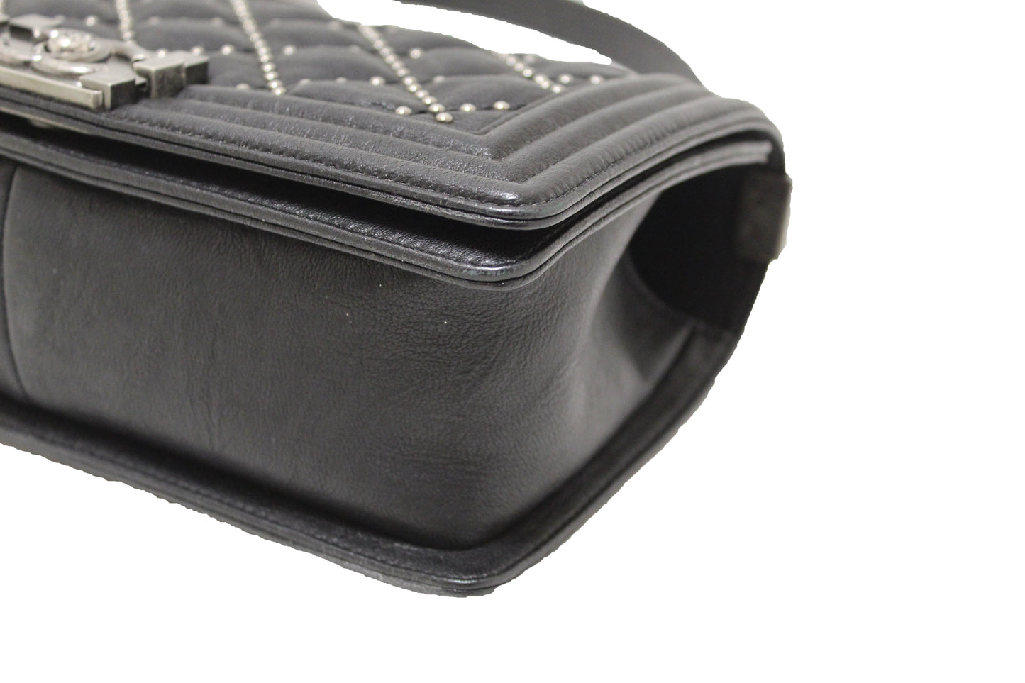 Chanel Studded Black Quilted Distressed Calfskin Old Medium Boy Flap Shoulder Bag