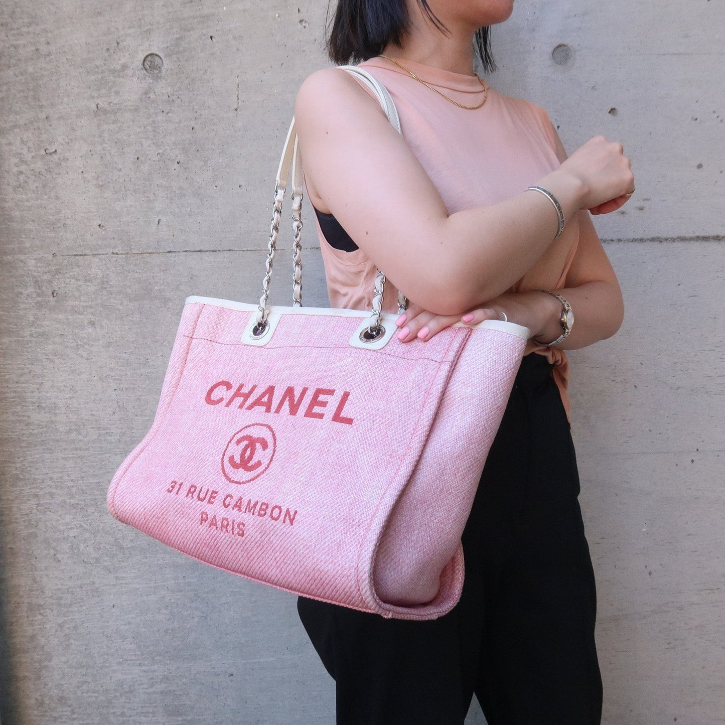 Chanel Deauville MM Straw Leather Chain Tote Bag Pink A67001