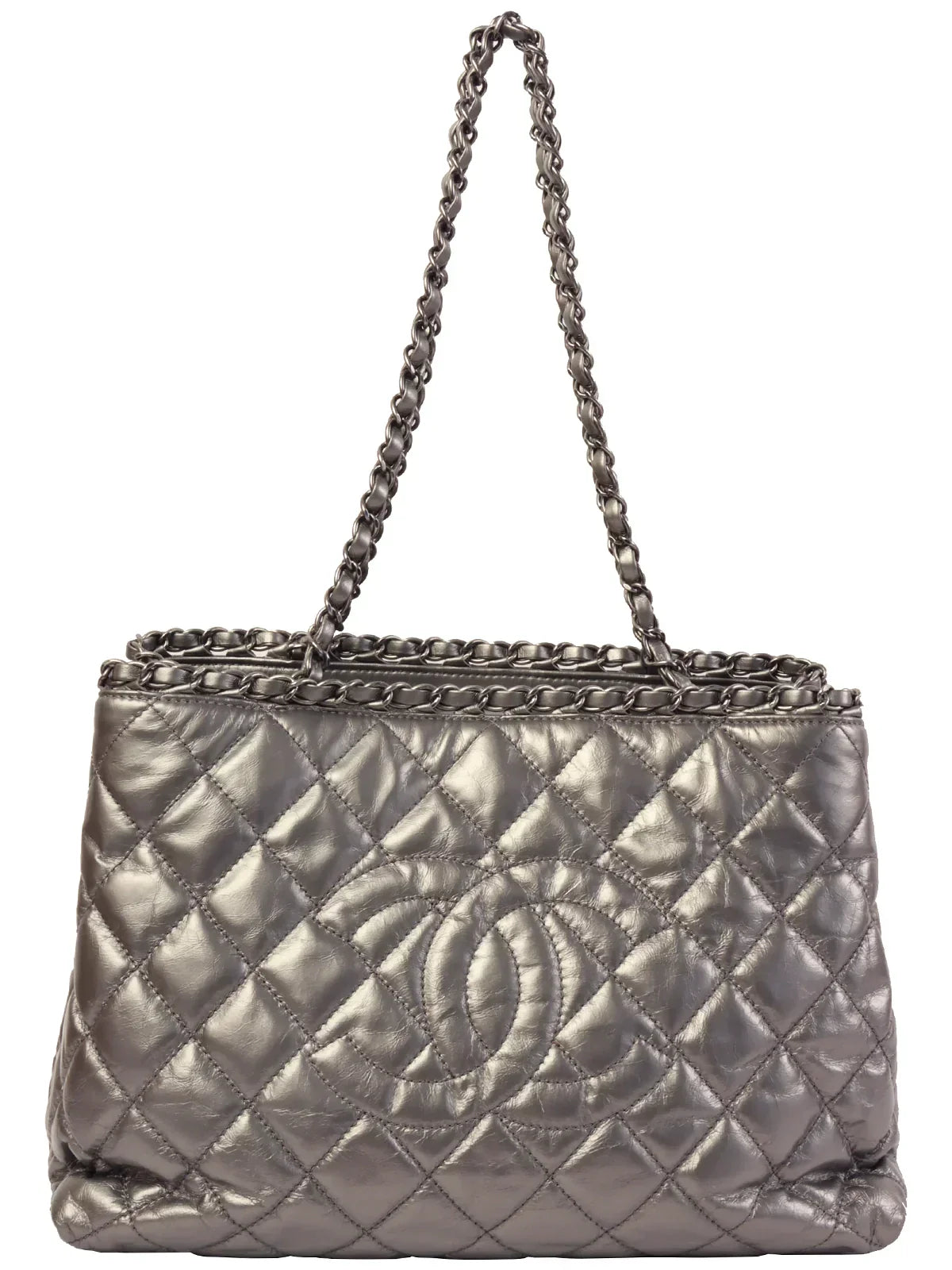CHANEL Around 2010 Made Cc Mark Stitch Chain Tote Bag Silver
