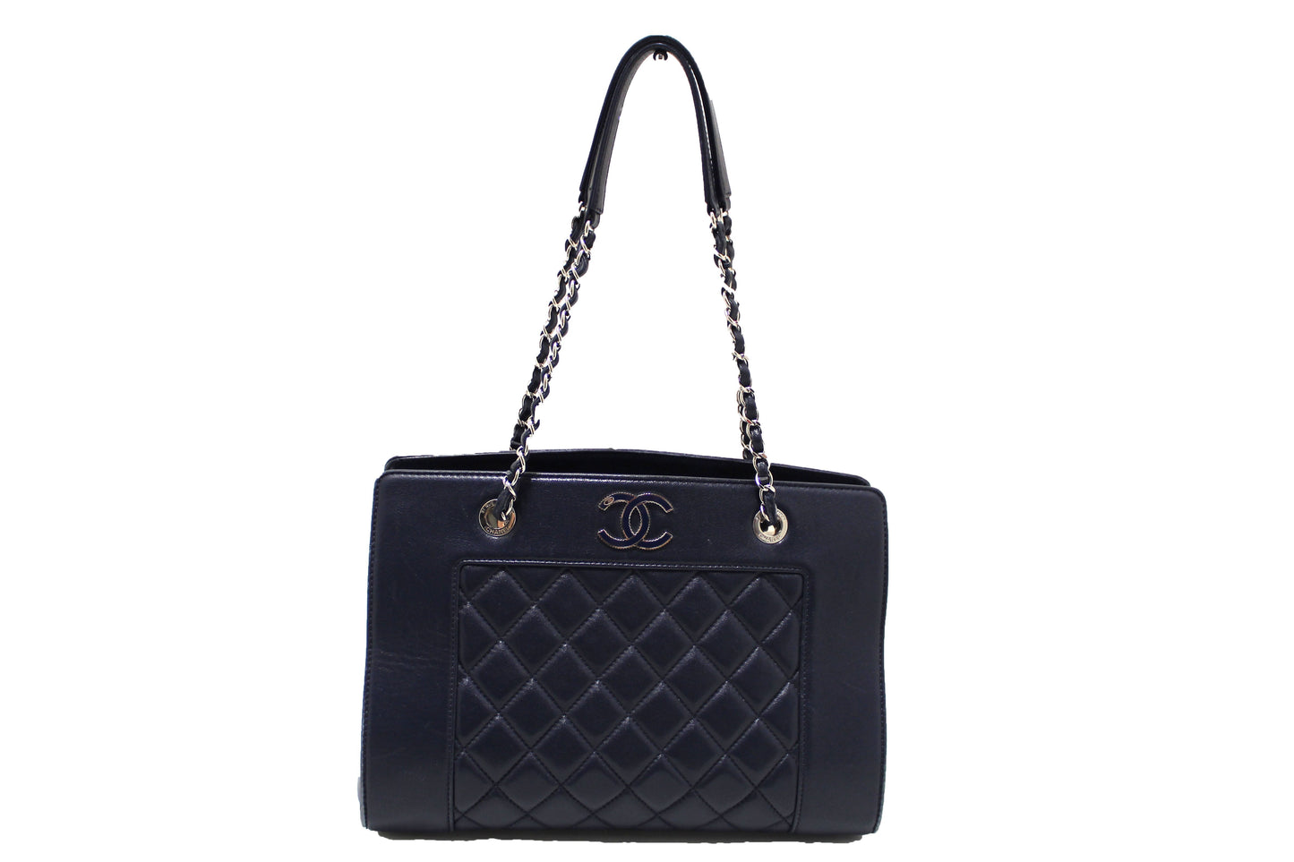 Chanel Quilted Blue Lambskin Leather Shopper Shoulder Tote Bag