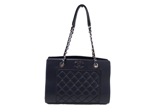 Chanel Quilted Blue Lambskin Leather Shopper Shoulder Tote Bag
