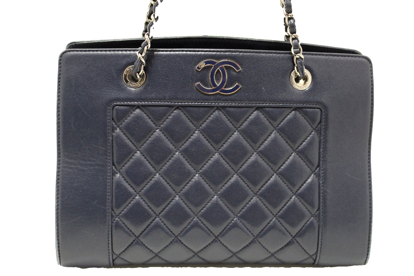 Chanel Quilted Blue Lambskin Leather Shopper Shoulder Tote Bag