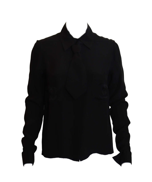 Chanel Bow Tie Chest Coco Satin Black Long Sleeve Blouse DXBS3688