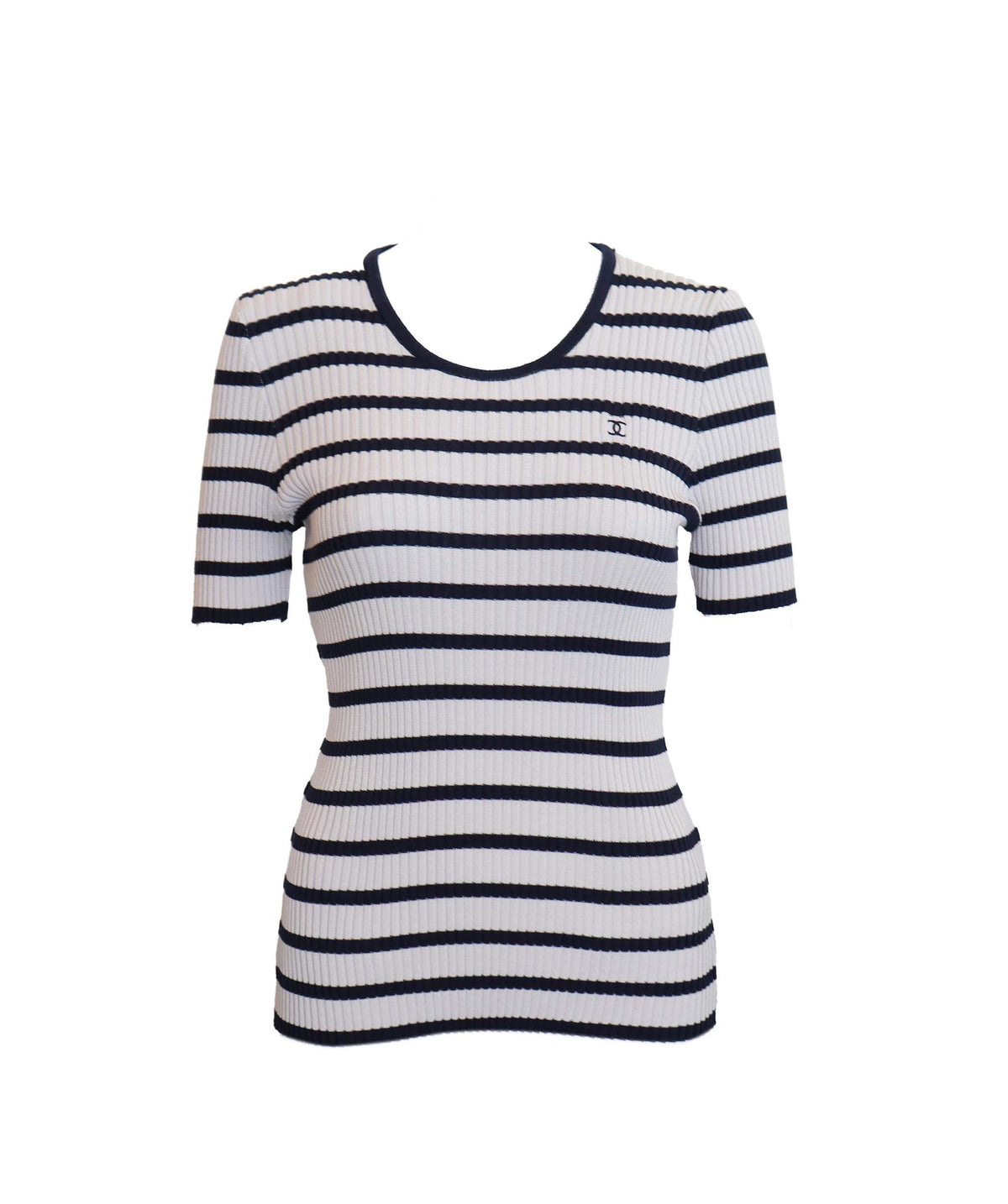 Chanel Mini Coco Striped Ribbed Cotton Blue Naby Short Sleeve Top Size 44 DXBS3687