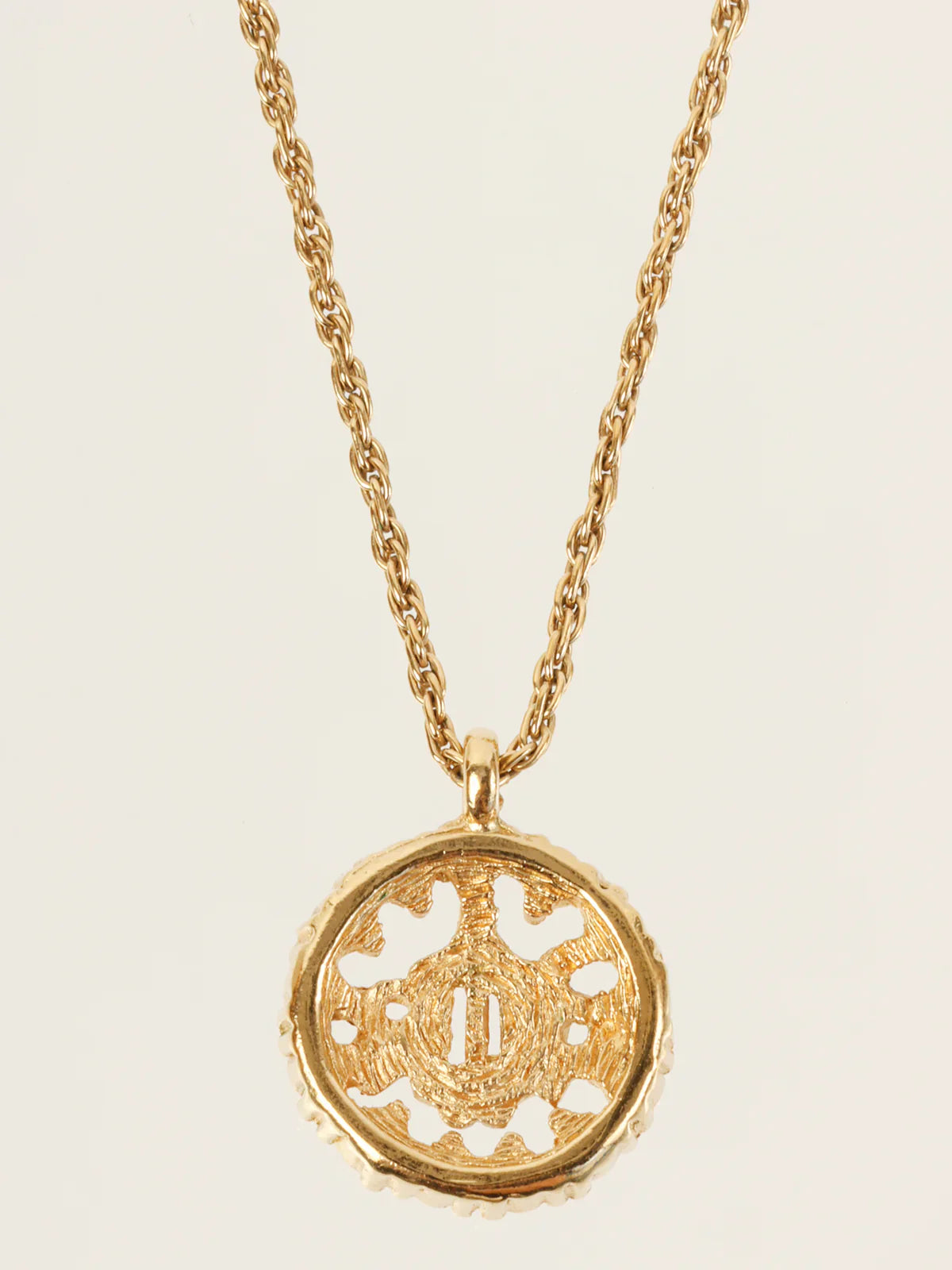 DIOR Rhinestone Round Logo Emblem Necklace Gold