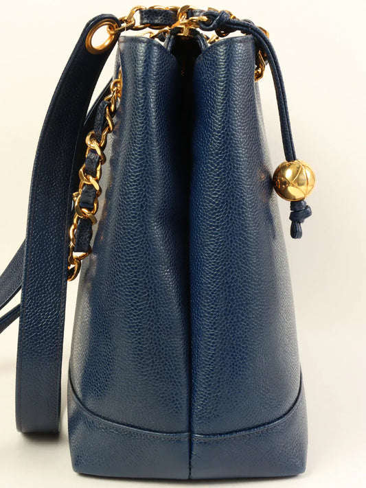CHANEL Around 1992 Made Caviar Skin Cc Mark Stitch Chain Tote Bag Navy