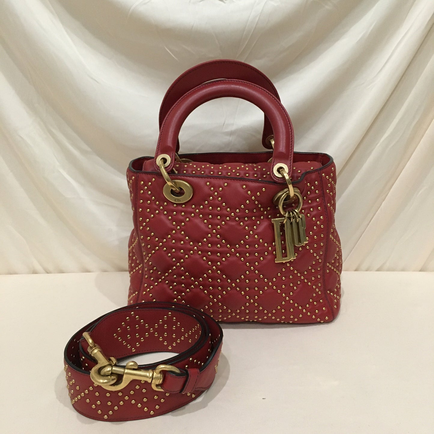 CHRISTIAN DIOR Dior Red Leather Stud Medium Lady Dior Tote Bag Sku# 76303