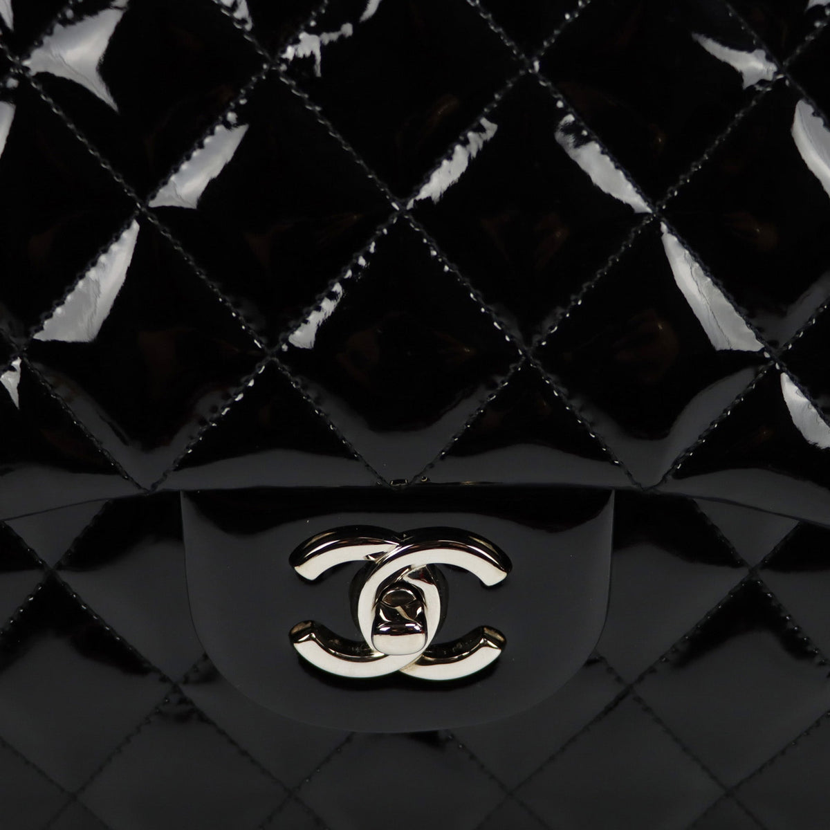 SALE Chanel Classic Single Flap Jumbo Black Patent Leather Silver