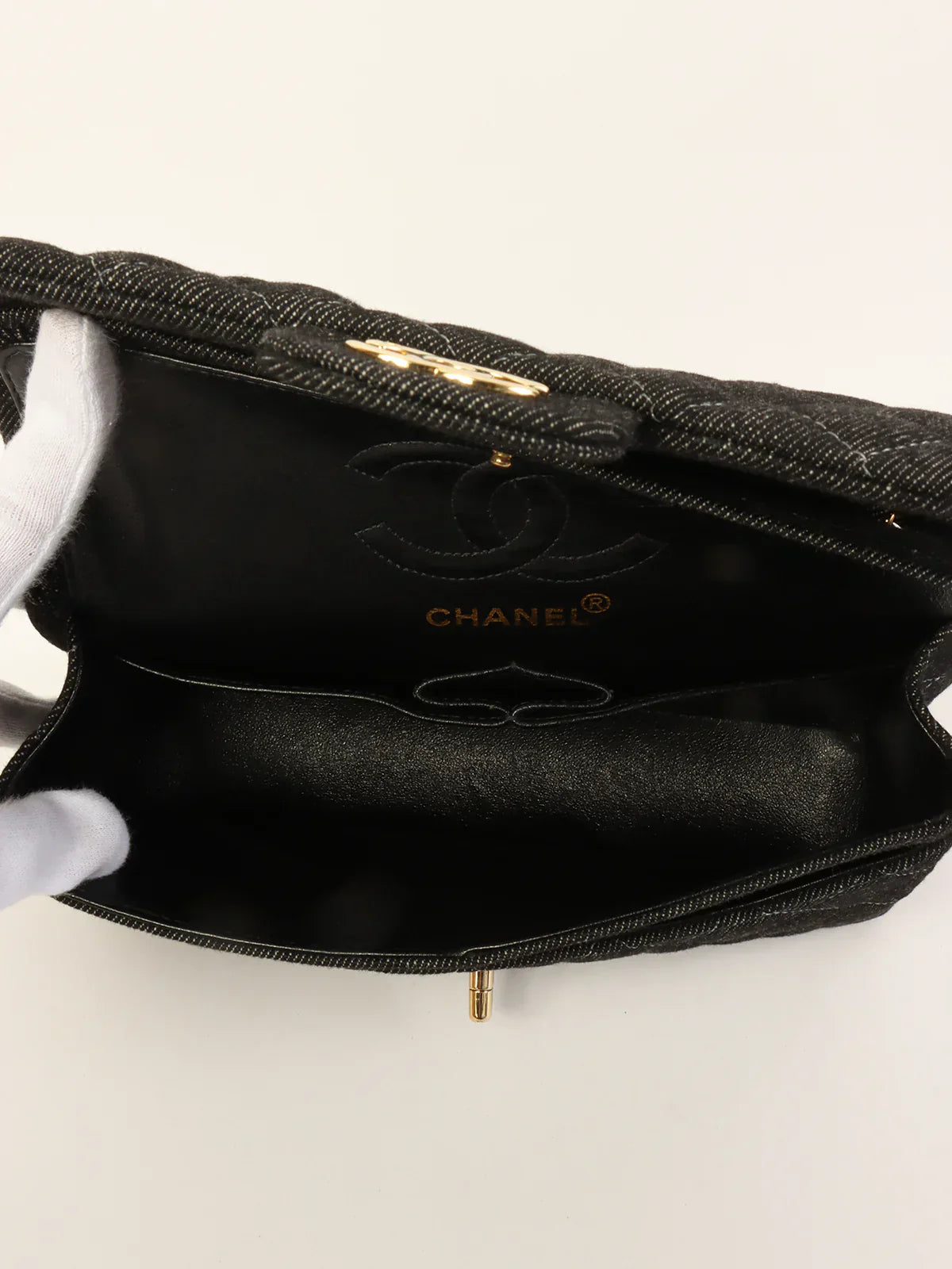 CHANEL Around 1998 Made Denim Classic Flap Chain Bag 23Cm Black