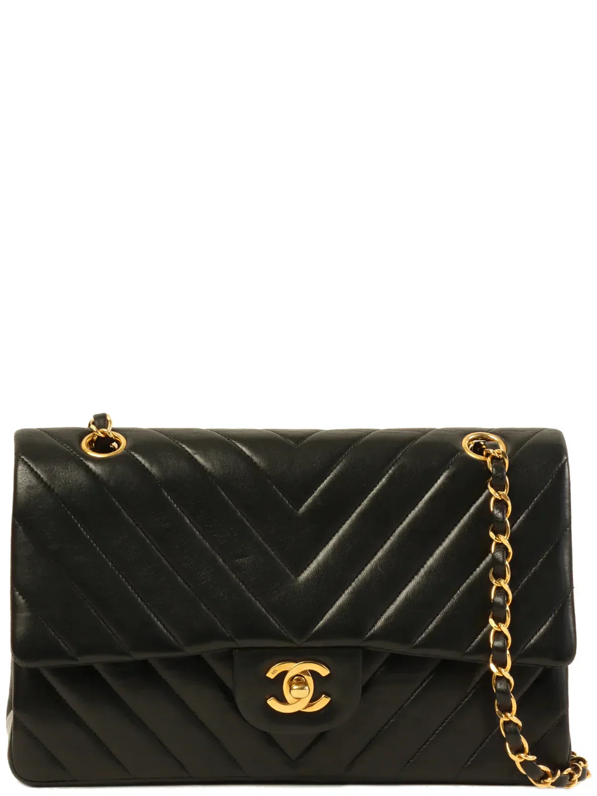 CHANEL Around 1992 Made Chevron Classic Flap Chain Bag 25Cm Black
