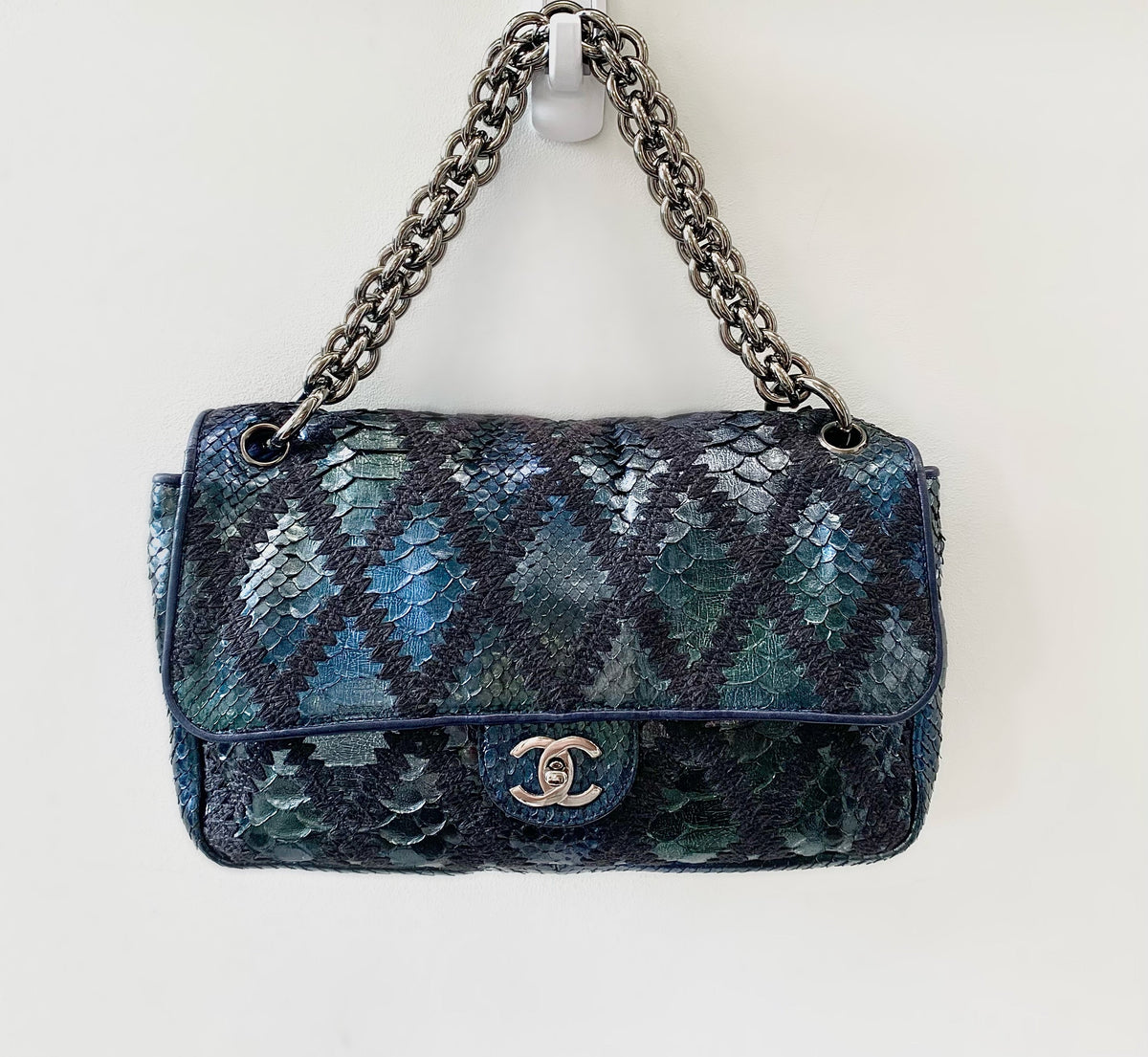 CHANEL PYTHON CROCHET JUMBO FLAP BAG-HS