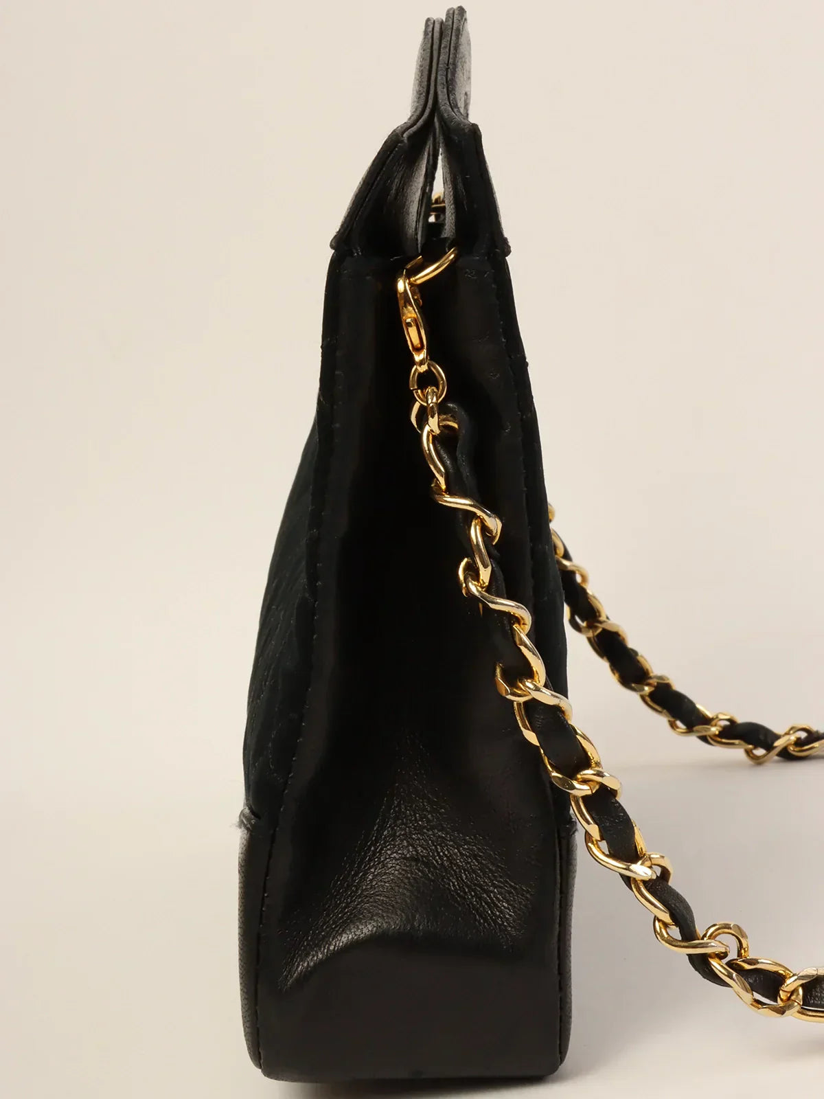 CHANEL Around 1990 Made Leather Satin Combination Turn-Lock 2Way Chain Bag Black