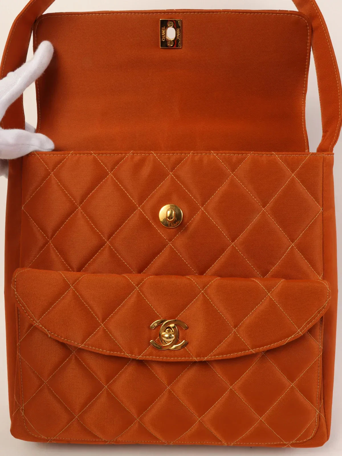 CHANEL Around 1997 Made Nylon Turn-Lock One Shoulder Bag Orange