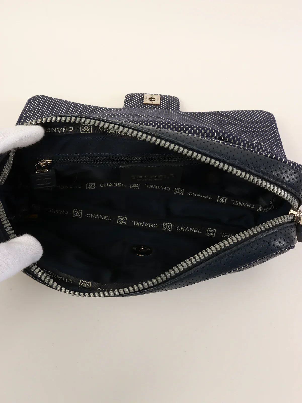 CHANEL Around 2004 Made Sport Line Punching Turn-Lock Chain Bag Navy/White