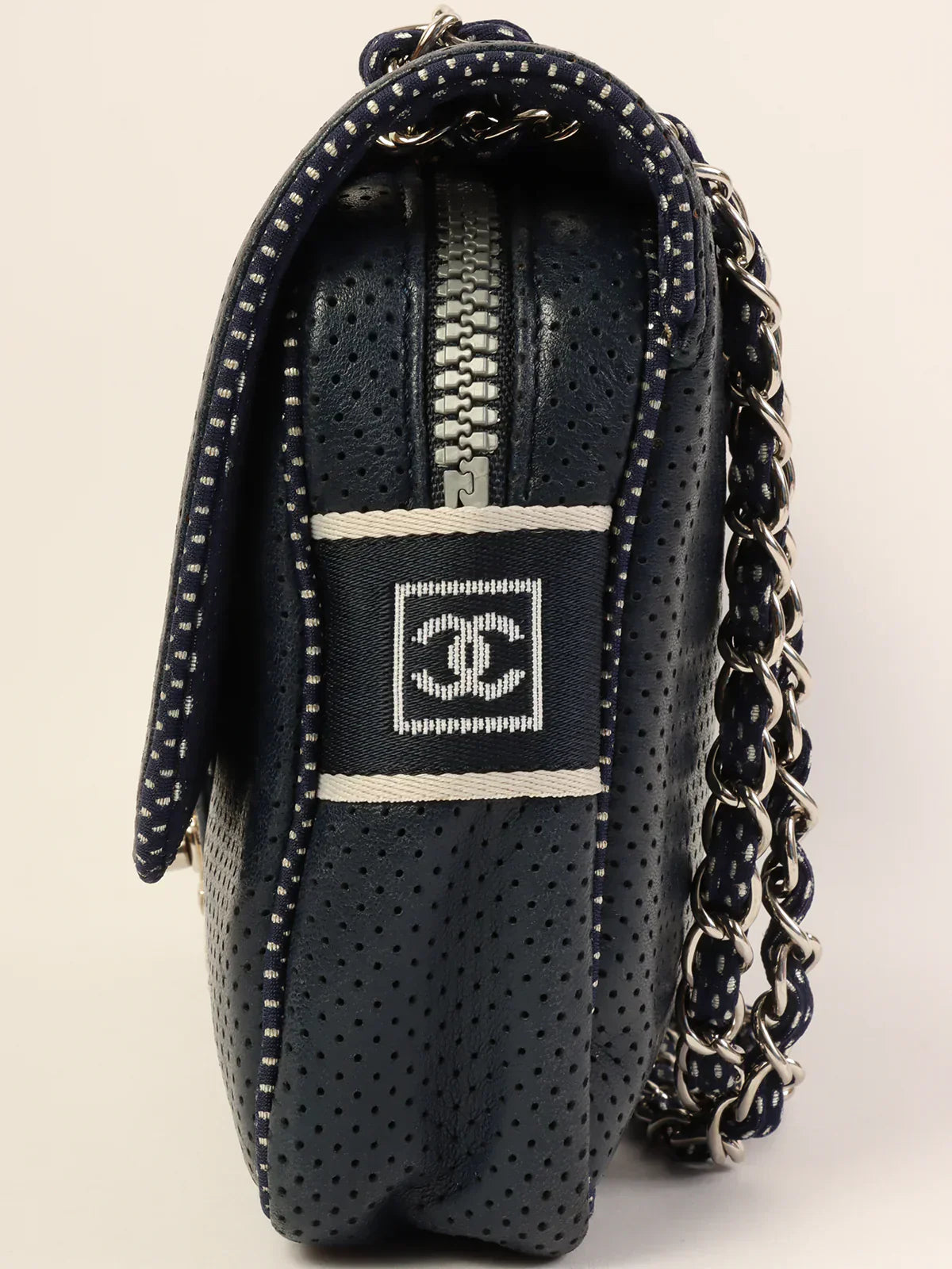 CHANEL Around 2004 Made Sport Line Punching Turn-Lock Chain Bag Navy/White