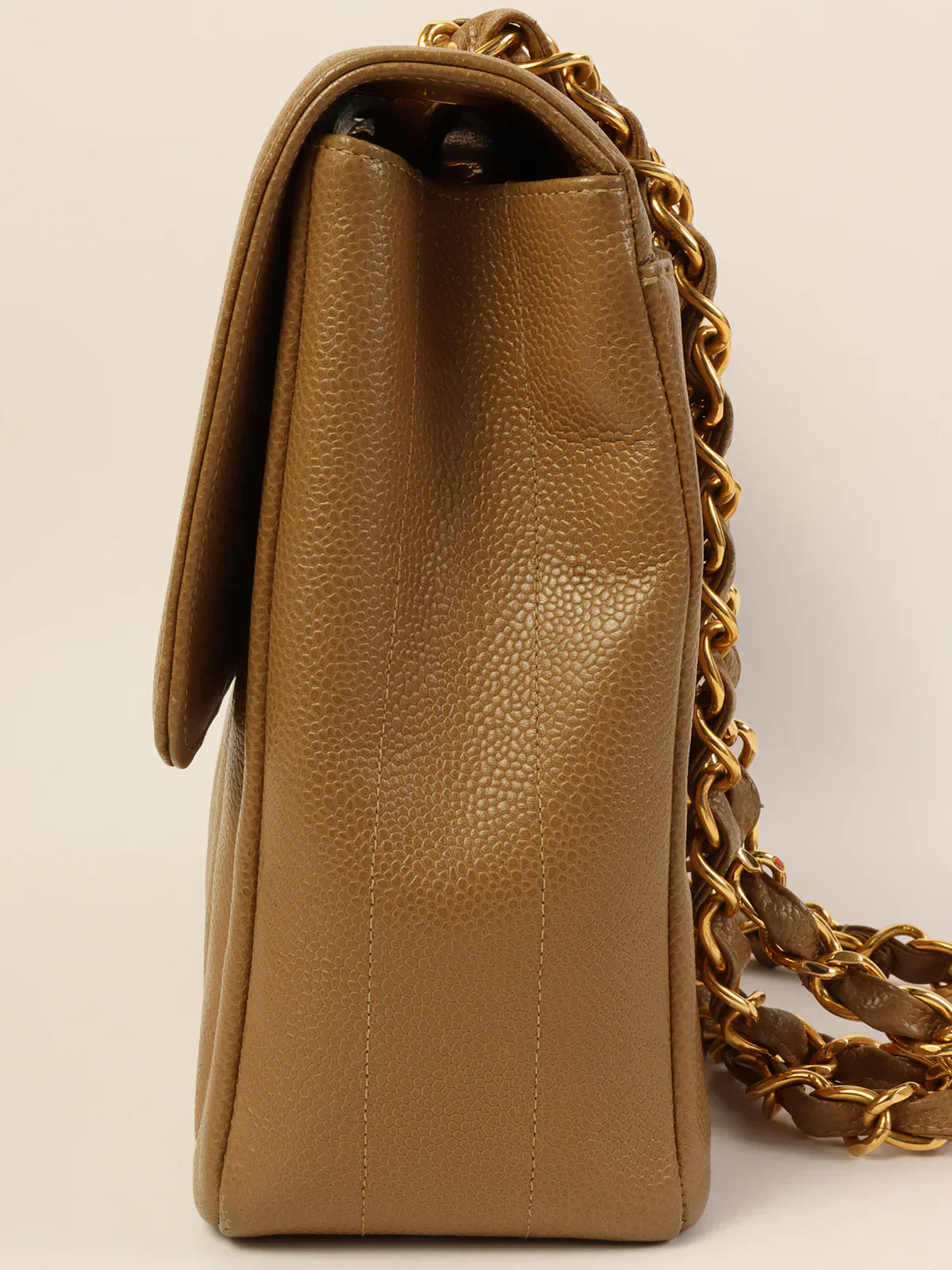 CHANEL Around 1995 Made Caviar Skin Mademoiselle Stitch Turn-Lock Chain Bag Mocha Beige
