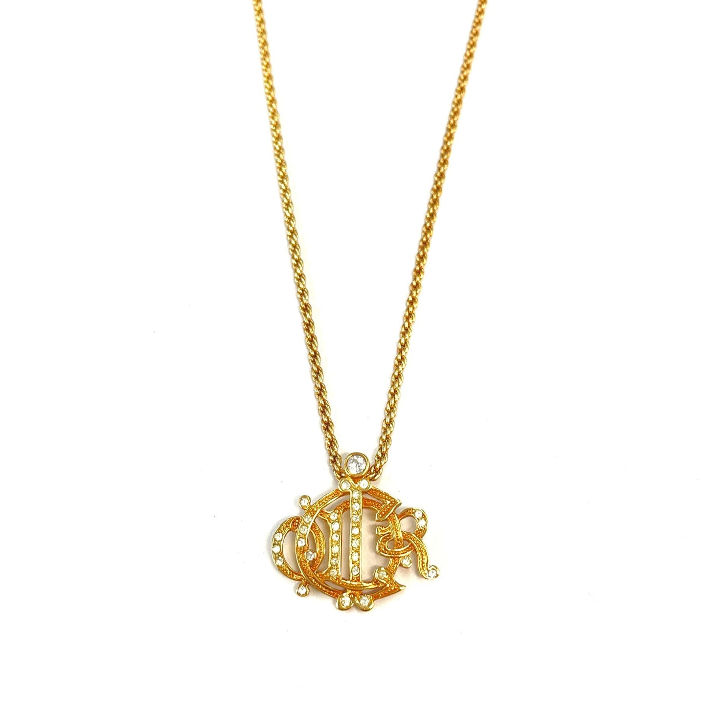 Christian Dior  Emblem Logo Line Stone Necklace Gold vintage yxmhkk